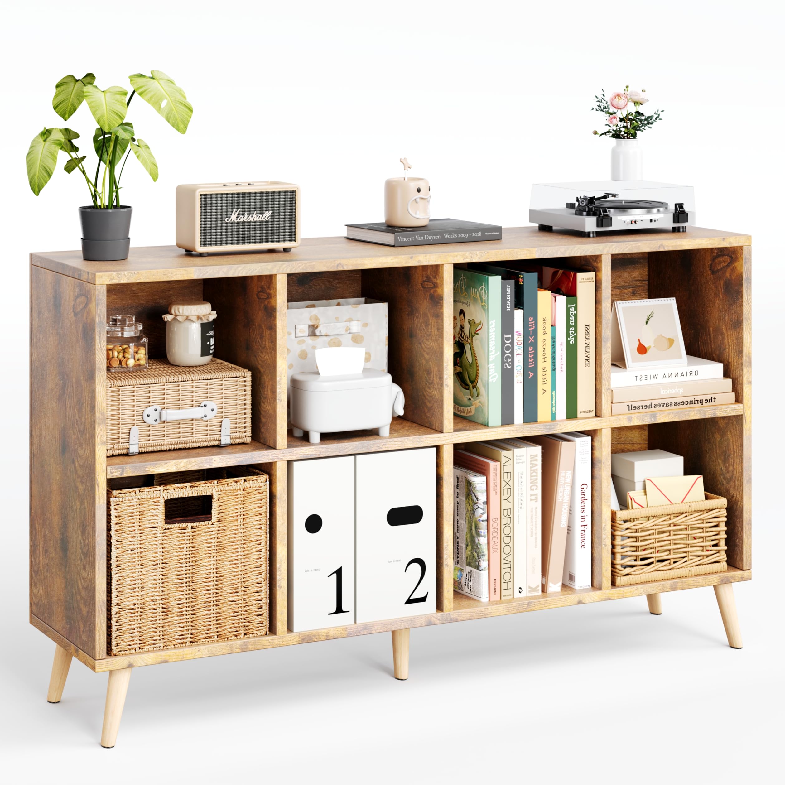 Photo 1 of !!SCRATCH DOWN MIDDEL!!!!!Flrrtenv 8-Cube Bookshelf 2 Tier Retro Bookcase with Legs, 11in Shelf Opening, 47" Wood Bookshelves Storage Organizer Shelf, Freestanding Open Book Shelves for Bedroom Living Room Office, Rustic Brown