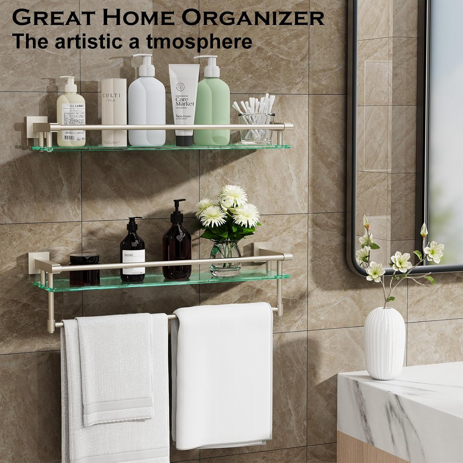 2 Pack Glass Shelf Bathroom Shelves for Bathroom 24inch Rectangular Holder Brackets Stainless Steel Tempered Glass Modern Toilet Storage Stand Mount Accessories Brushed Nickel