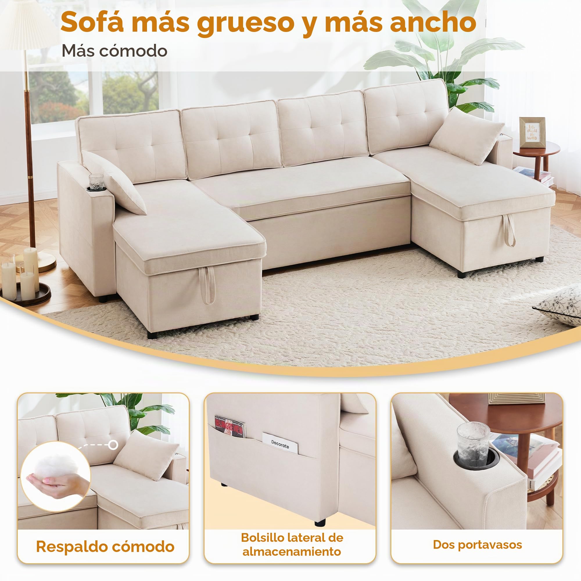 Lcoho Sofá cama con función de dormir, sofá en forma de U, sofá tapizado, tela de algodón y lino, con soporte para bebidas, espacio de almacenamiento, adecuado para familias, salones, etc.