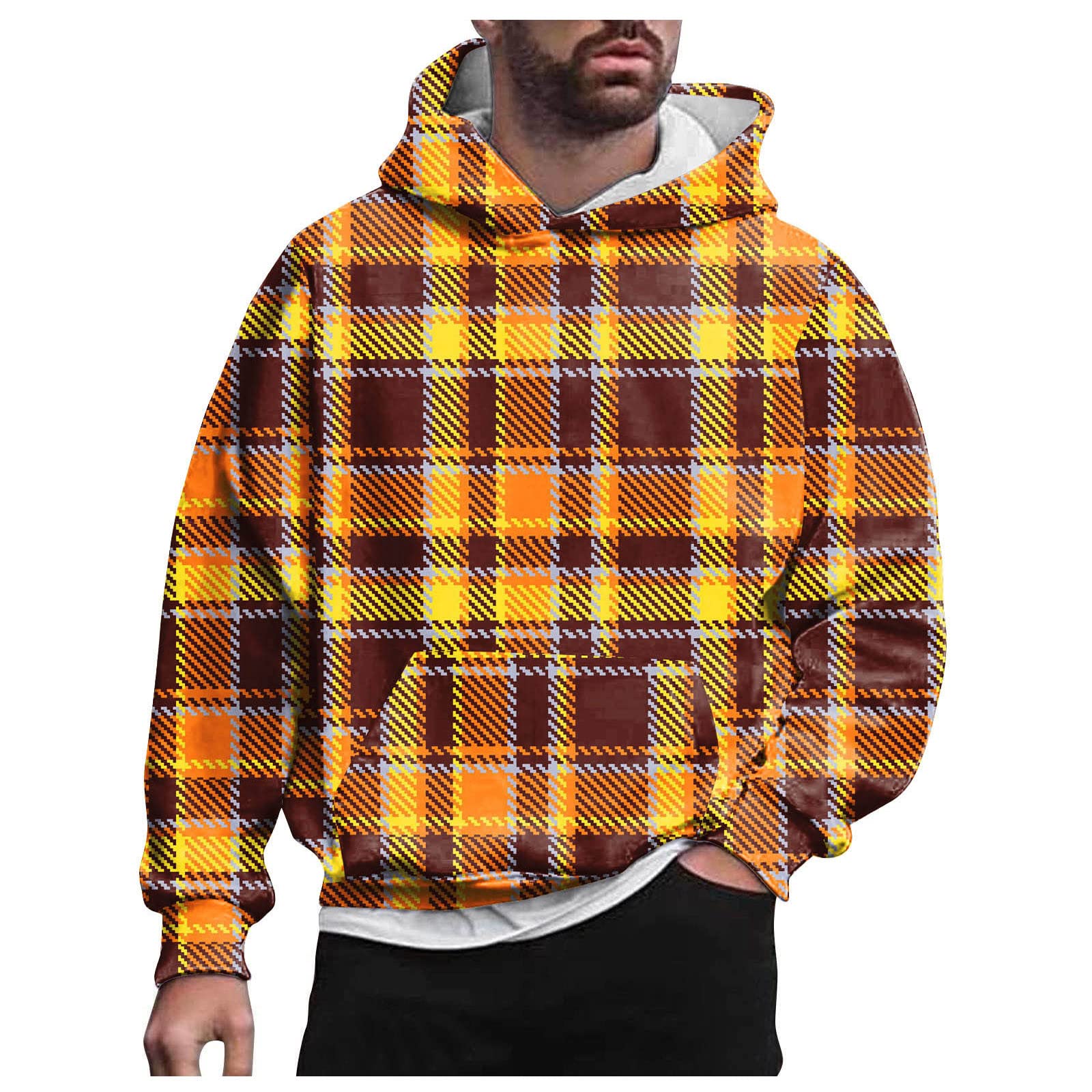Men's Novelty Plaid Printing Pullover Hoodie Long Sleeve Casual Sweatshirt Spring and Autumn Tops with Pocket