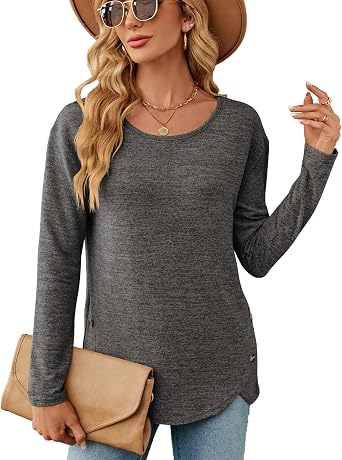 Crew Neck Long Sleeve Tops for Women Trendy Side Slit Button Blouses Curved Hem Fall Clothes