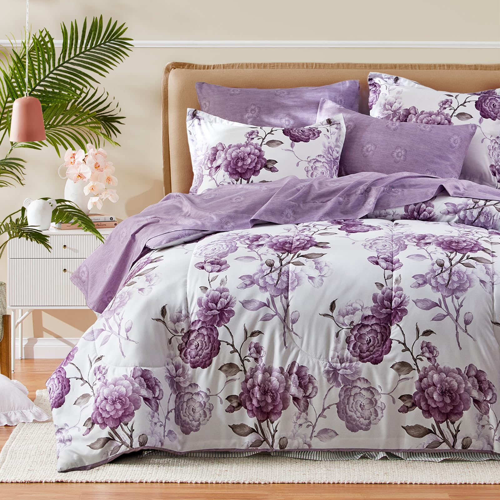 Purple Flower Bed in a Bag 6 Pieces Twin size Floral White Comforter Sheet Set Soft Microfiber Lightweight Summer Bed Set (1 Comforter 2 Pillow Shams 1 Flat Sheet 1 Fitted Sheet 1 Pillowcases)