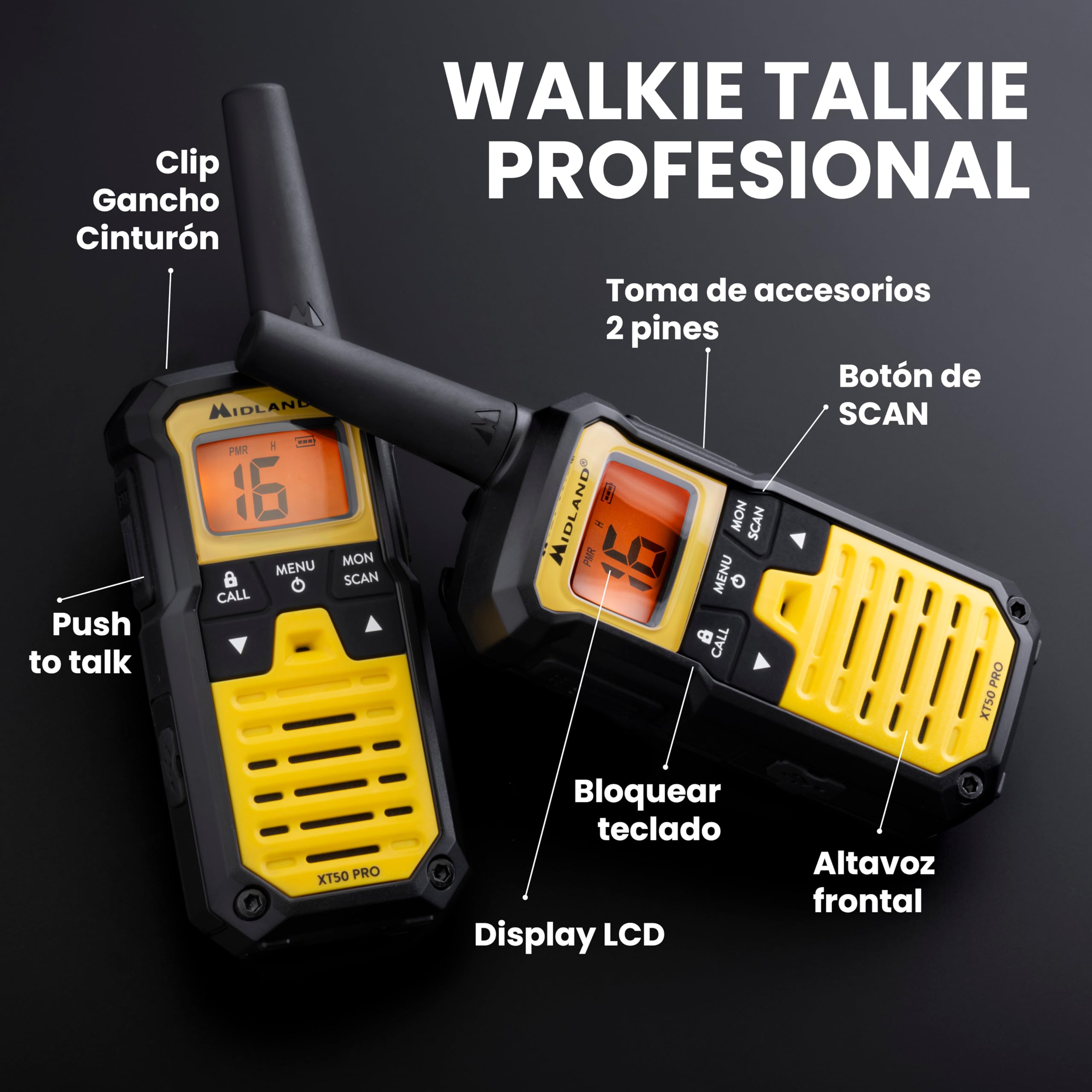 Midland - Walkie Talkie XT50 PRO Doble Hobby & Trabajo, 2 Radioaficionados Profesionales 85 Canales PMR446, Red Radio Montana - 8Km, 12H, Waterproof IPX2, Carga USB, Estuche de Transporte y Accesorios