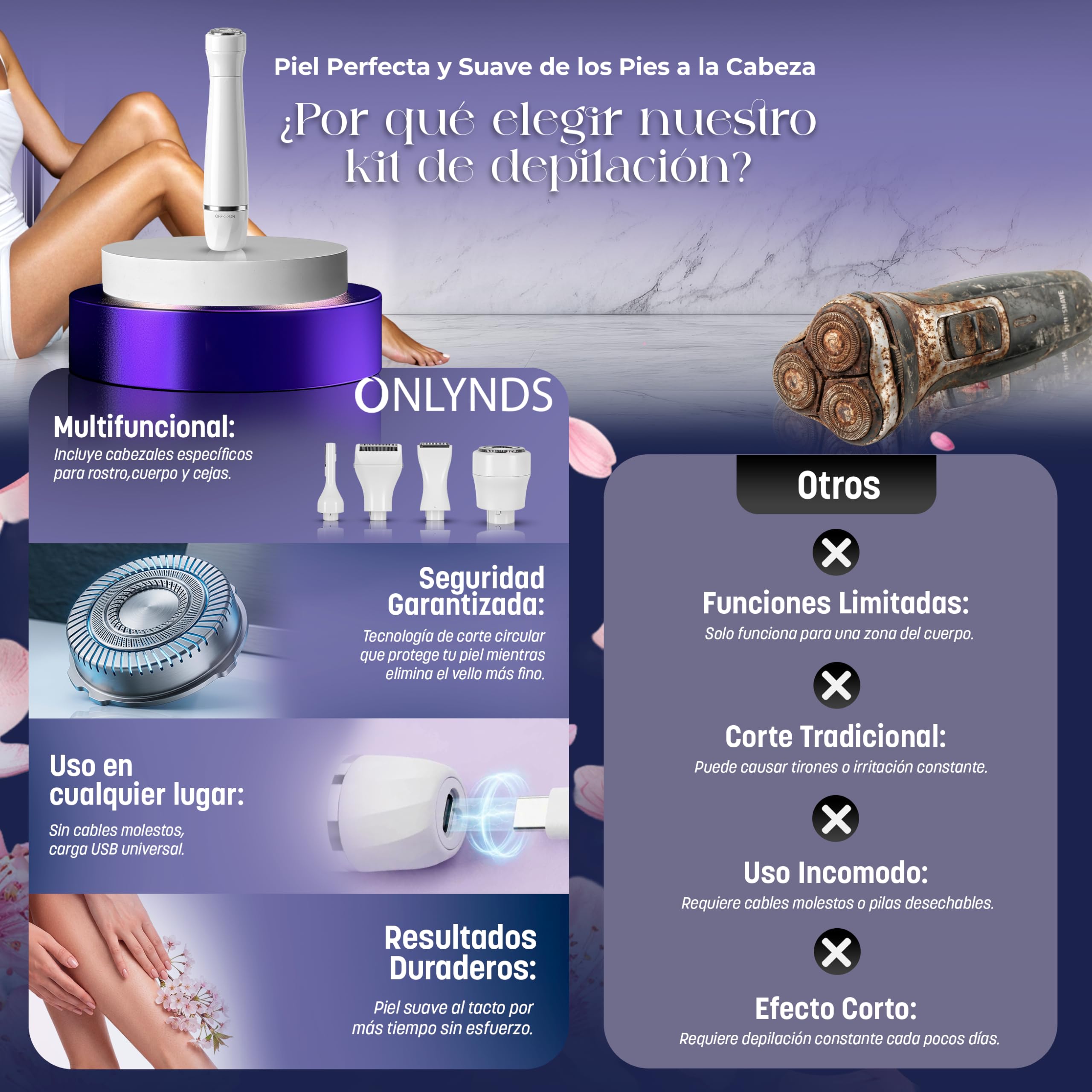 SUPER Afeitadora Eléctrica Mujer 4 en 1 Facial y Corporal | Depiladora Íntima Mujer IPX5 Uso Seco y Mojado | Rasuradora Mujer Zona Íntima BIKINI | 4 CABEZALES | Espejo y Bolsa Impermeable INCLUIDOS.
