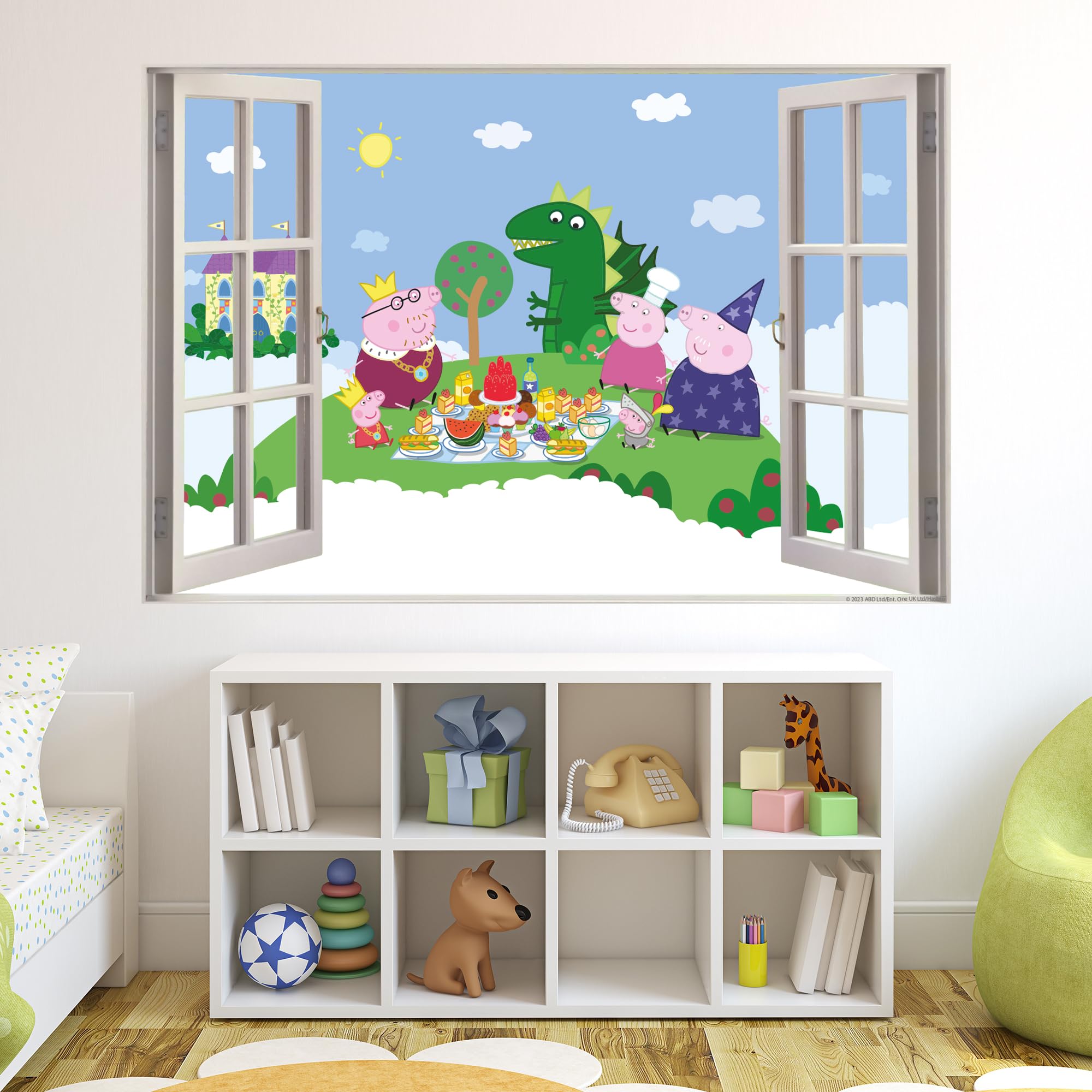 Peppa Pig Wall Sticker - Peppa and Family Fairytale Picnic Window Wall Decal Kids Art (90cm Width x 60cm Height)