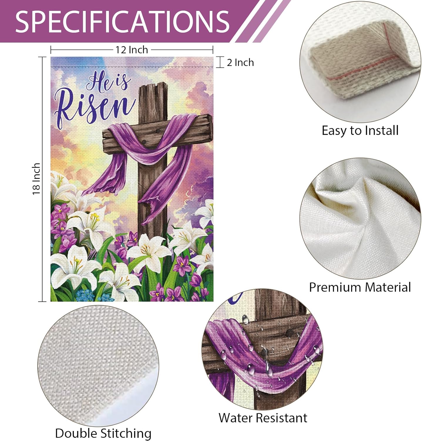 Heyfibro He is Risen Easter Cross Garden Flag 12x18 Double Sided Burlap, Lily Flower Spring Yard Banner for Holiday Farmhouse Jesus Religious Outdoor Decor(ONLY FLAG) - Image 4