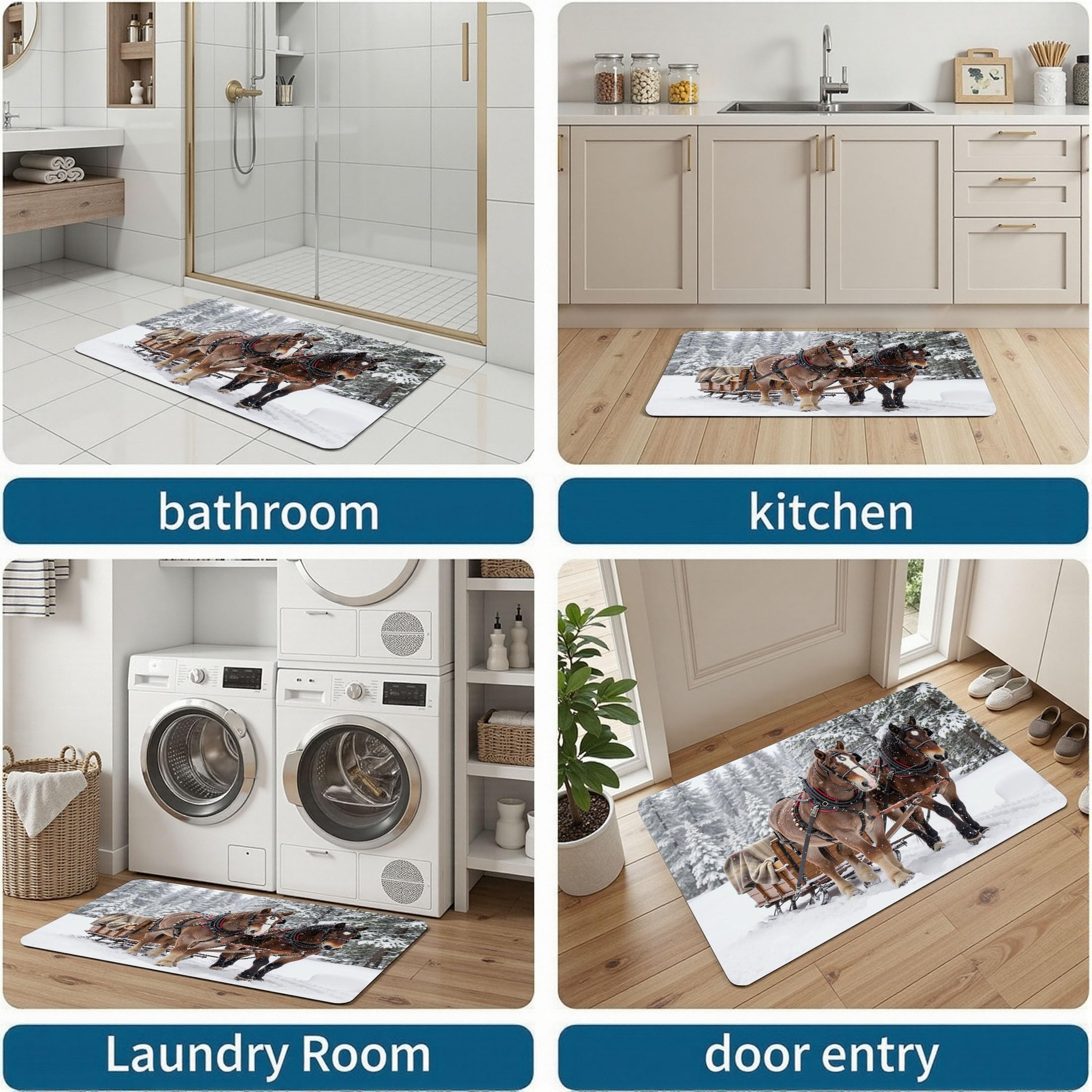 Felpudo Interior Trineo De Renos, Entrada Tienda Bosque Invernal Alfombra Cocina Lavable Antideslizante, Felpudos Entrada Suave y de Perfil Bajo Casa Baño 90x150cm