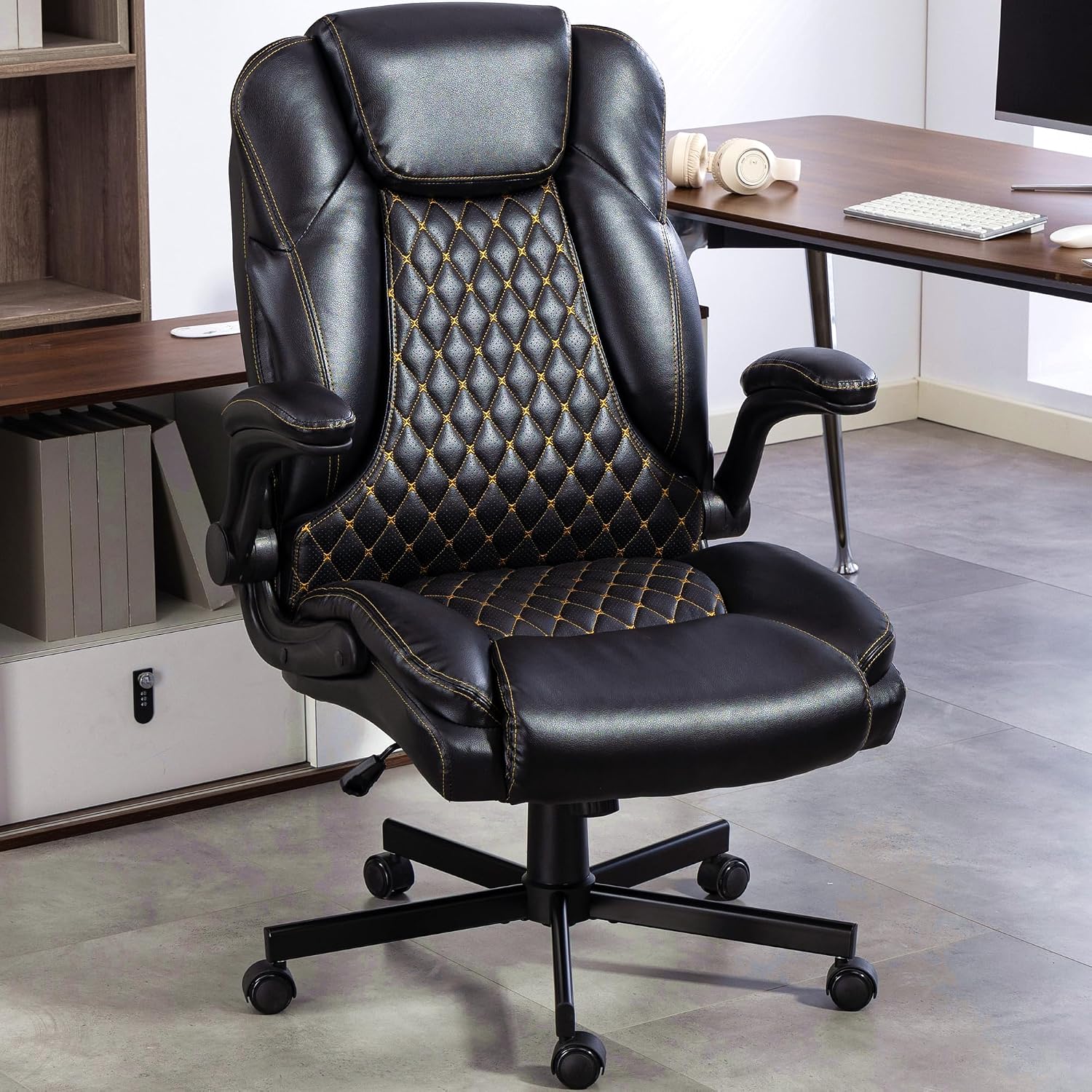 450LBS Ergonomic Office Chair with Flip Up Arms, Heavy Duty PU Leather Big and Tall Desk Chair, High Back Swivel PC Chair for Home Office, Gaming, Black