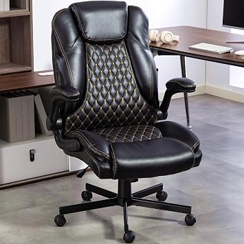 450LBS Ergonomic Office Chair with Flip Up Arms, Heavy Duty PU Leather Big and Tall Desk Chair, High Back Swivel PC Chair for Home Office, Gaming, Black