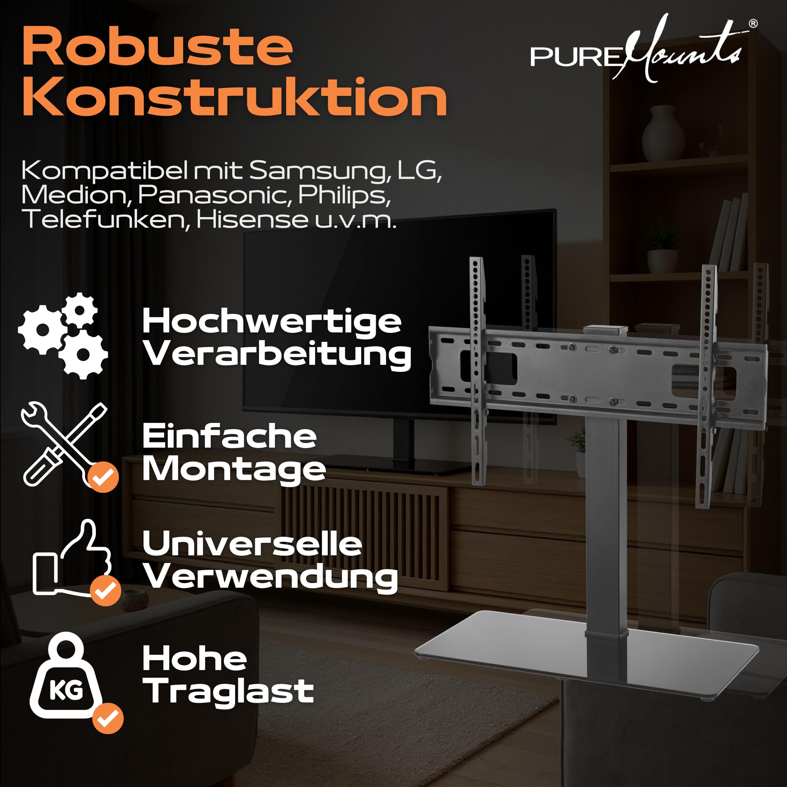 PureMounts Stojak na telewizor, uniwersalny uchwyt do telewizora 37-70 cali, Samsung, LG, Philips, Panasonic i wielu innych, maks. Vesa 600 x 400 kg i 40 kg, czarny