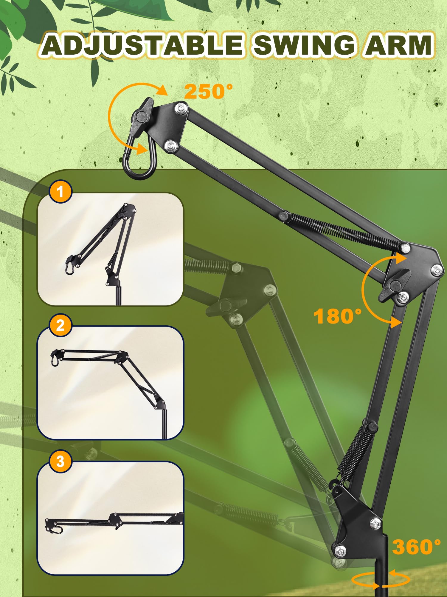 Supporto per lampada per rettili, supporto per lampada termica (da 15,7 a 188,7 cm) con braccio oscillante regolabile a 360° per terrario, supporto per lampada termica per draghi barbuti,