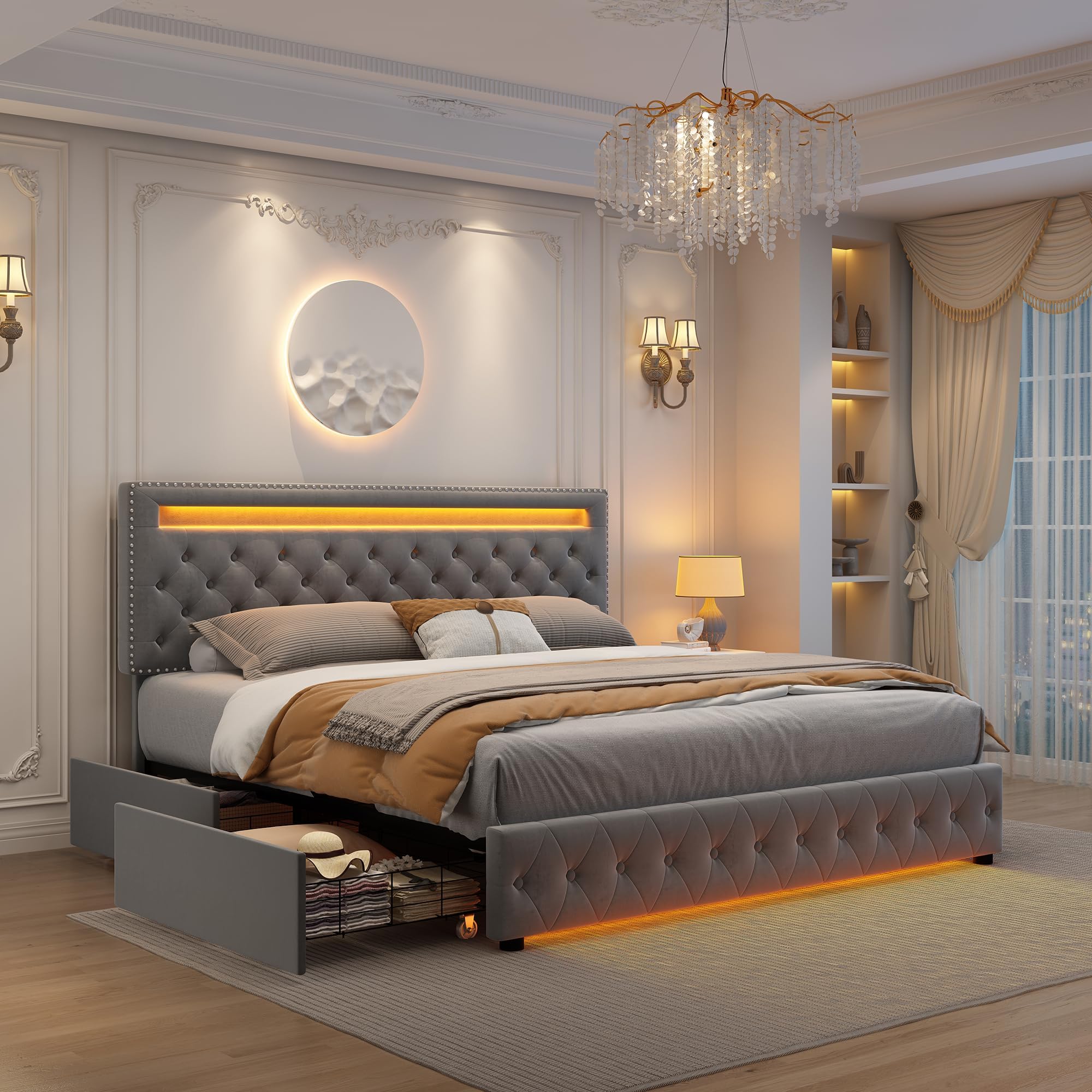 GEGOFORU King Led Bed Frame with 4 Storage Drawers, with Smart Control RGBW LED Lights Headboard Footboard, Control DIY Color, Box Spring Optional, Velvet Grey
