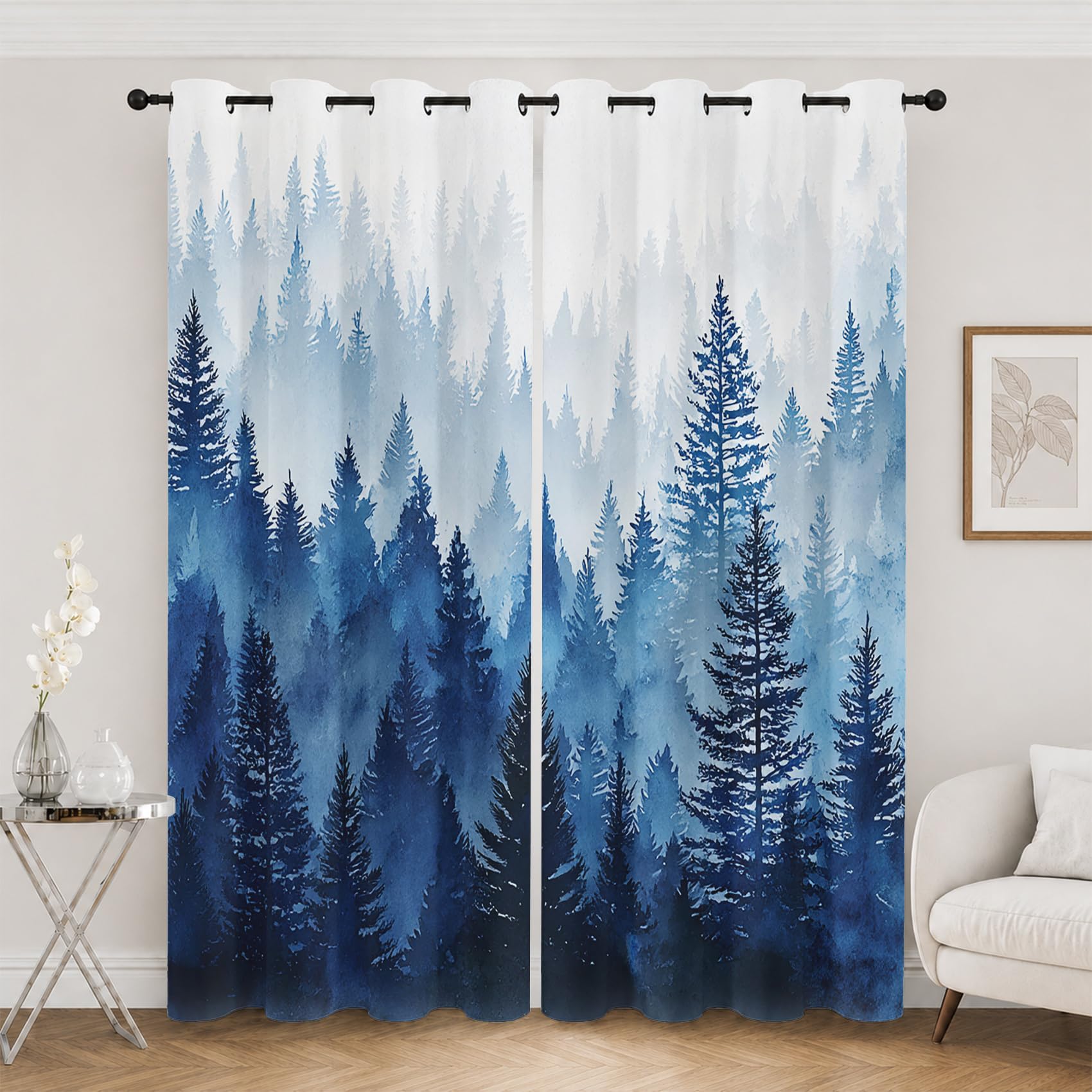 Rideaux et Draperies Bleu Forêt Brumeuse Rideau Occultant Opaque