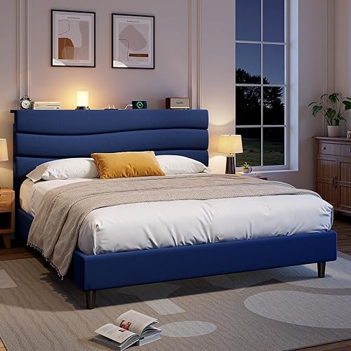 Miniatura 17 de EnHomee Base de cama tamaño Queen, base de cama Queen tapizada con estaciones de carga, cabecera de almacenamiento ajustable, dormitorio,