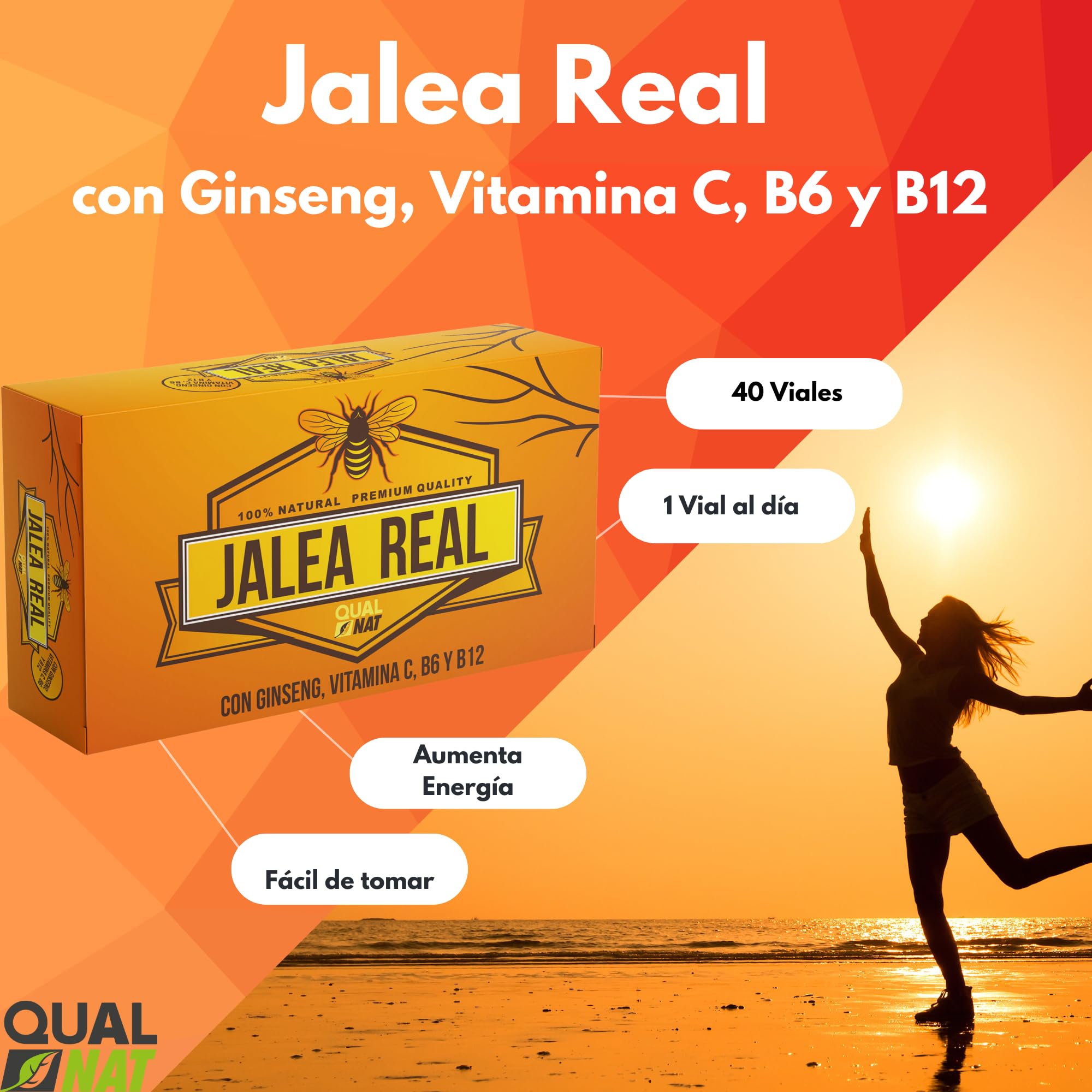Jalea Real 100% Natural - Suplemento con Ginseng y Vitamina C | Jalea Real 40 Ampollas - Ayuda a Reforzar el Organismo y el Sistema Inmunitario - con Vitamina B6 y B12 - QUALNAT