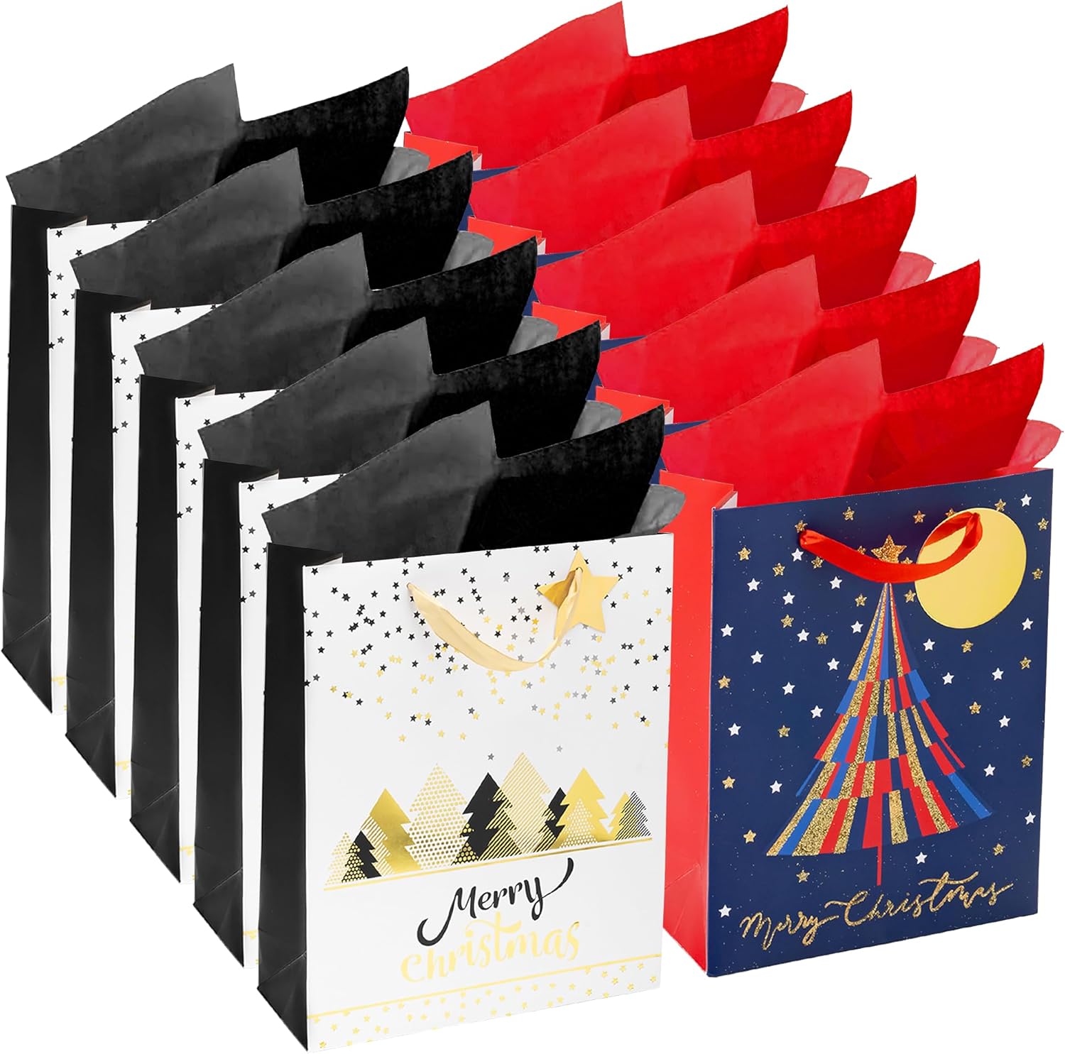 RACHELLE'S Christmas Gift Bags – Medium 13"x10"x4" (10-Pack) – Sturdy Paper Gift Bags with Tissue Paper, Tag and Handle – Holiday Trees Design – Perfect for Christmas Holiday Gifting & Party Favors