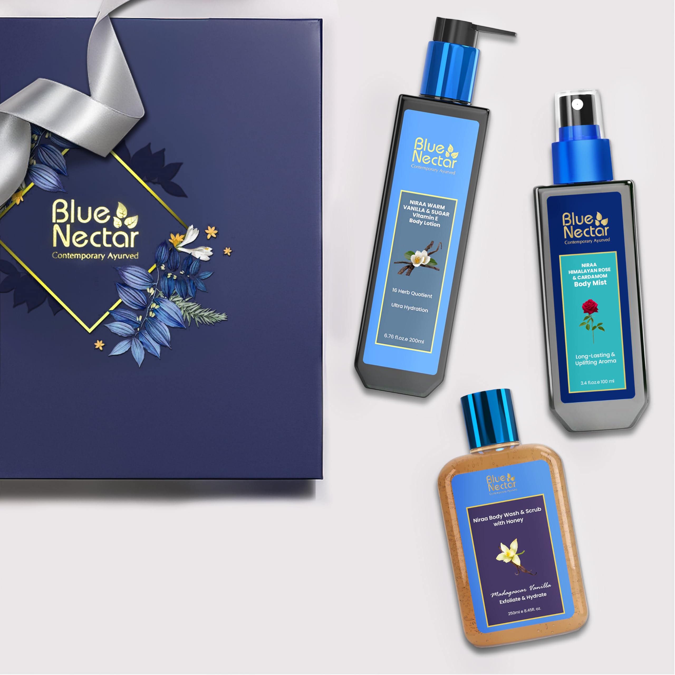 Blue Nectar Sensuous Body Love, set regalo per donne e uomini, lozione alla vaniglia, bagnoschiuma, scrub e nebbia per il corpo, confezione da 3, regalo perfetto per anniversario e compleanno