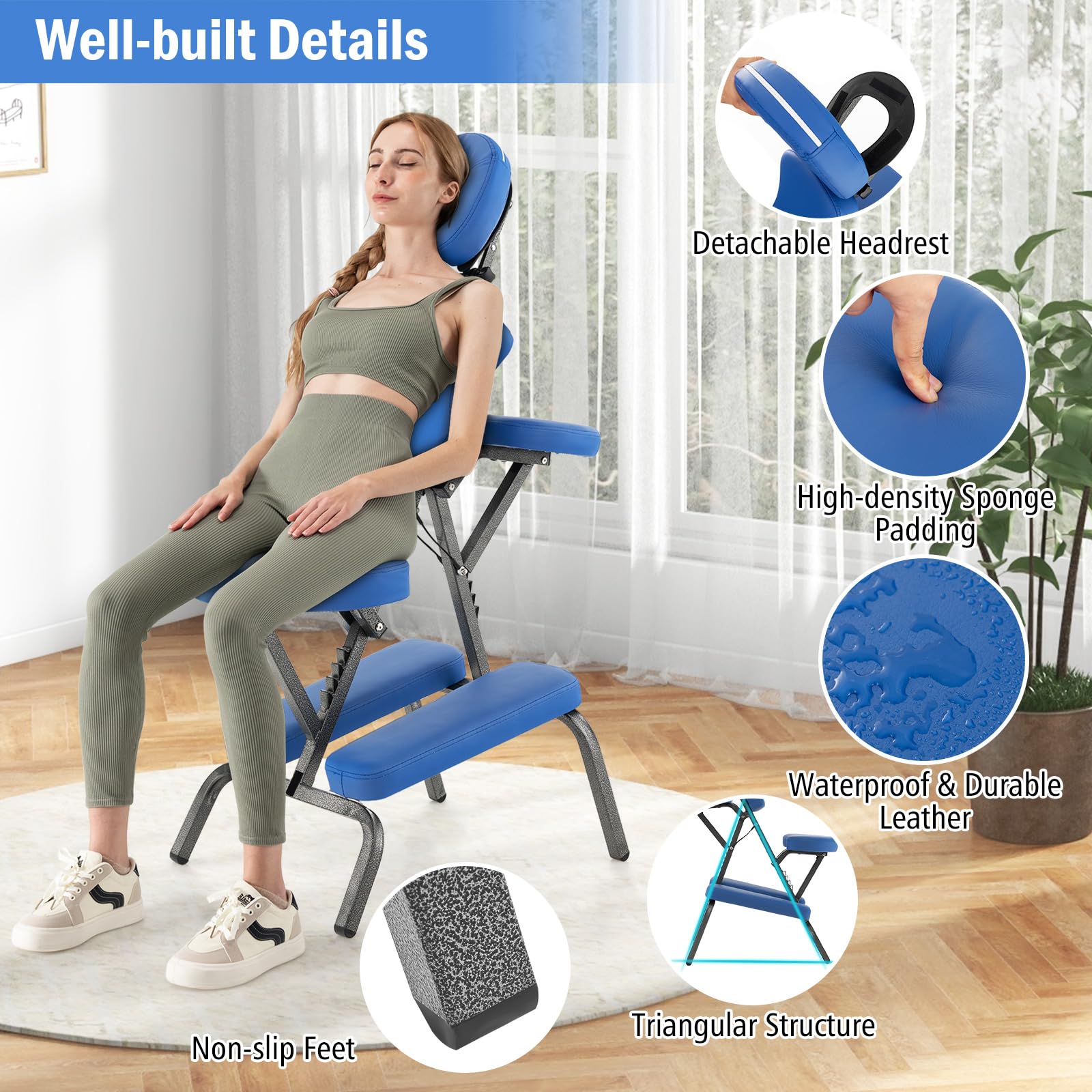 GOPLUS - Silla de masaje plegable con altura ajustable 110-120 cm, cojín con 24D esponja elástica de buena recuperación, diseño ergonómico, bolsa de transporte, carga 150 kg (azul)