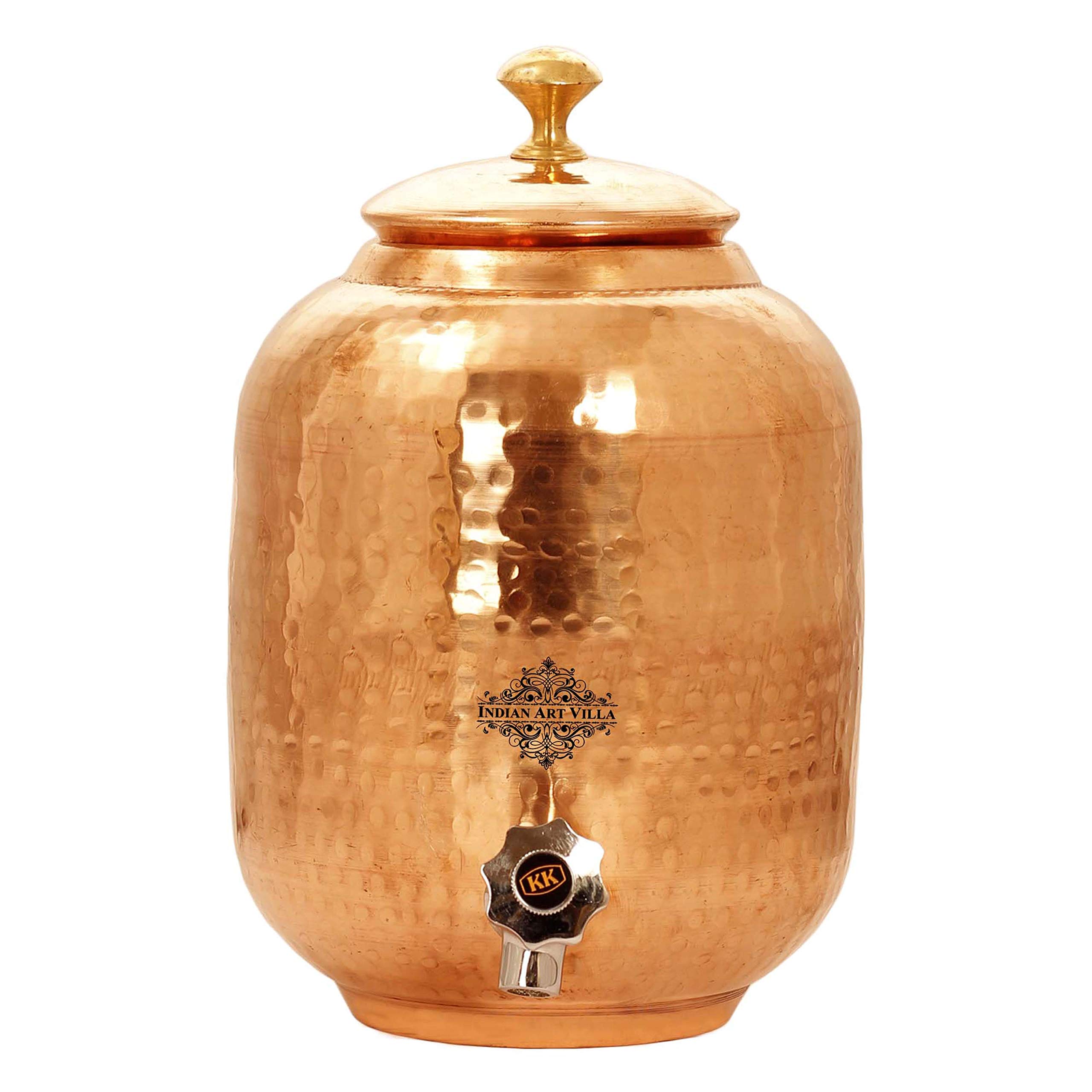 Indian Art Villa Pure Copper Water Pot With Brass Lid Tank Dispenser Storage Water|Volume 135 OZ