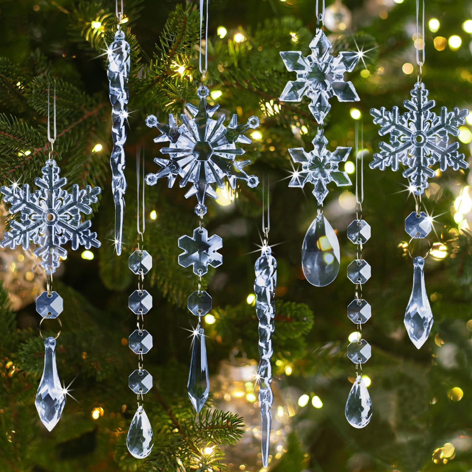 GuassLee 36pcs Crystal Christmas Tree Ornaments - Blue Acrylic Snowflake Icicle Drop Crystal Hanging Ornaments for Christmas Tree Wonderland Frozen Themed Birthday Party Decor