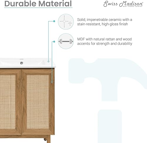 Vista 6 de Swiss Madison Classe - Lavabo de baño de roble de 24 pulgadas incluido