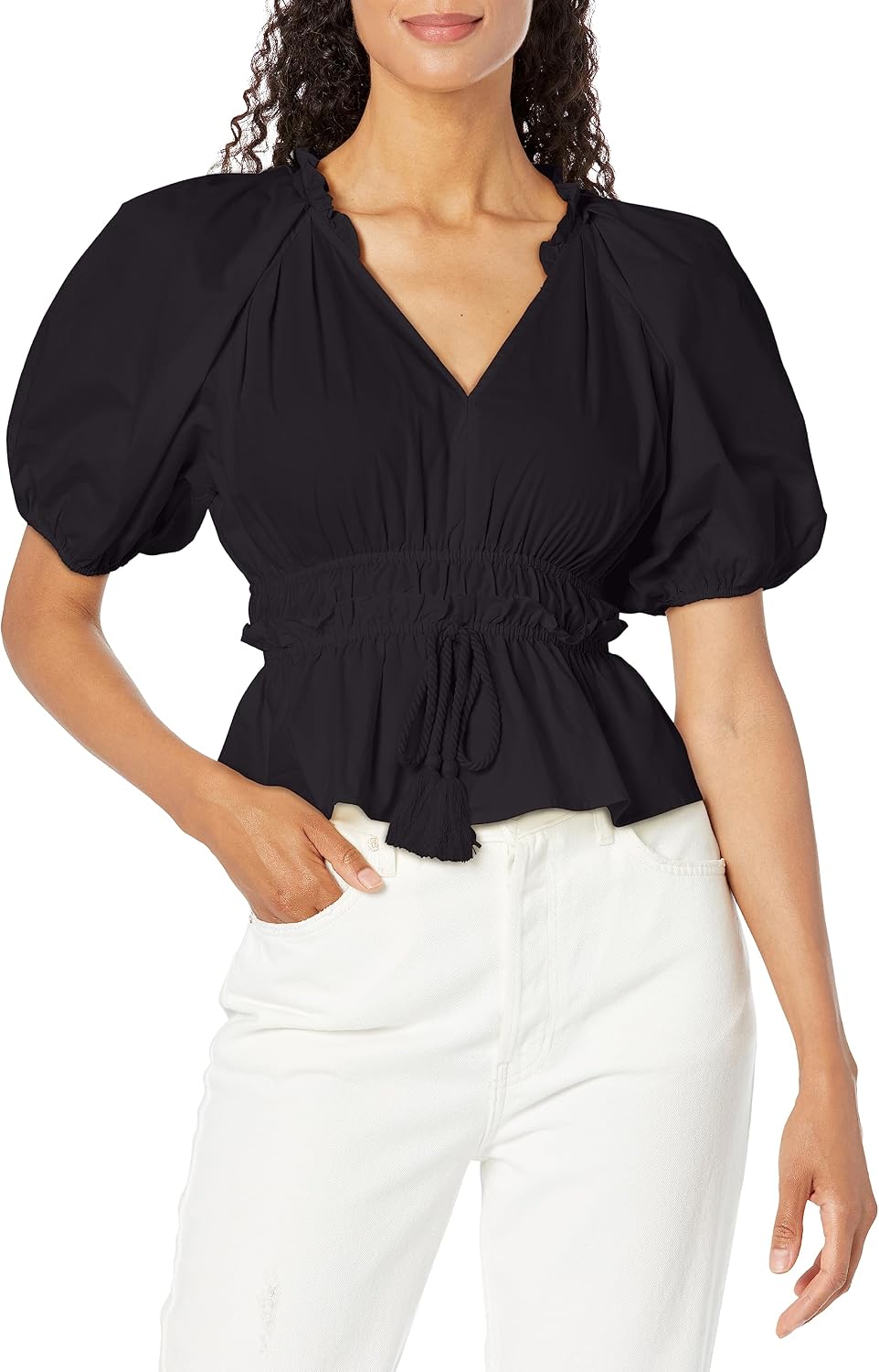 Moon River Women's Ruffled Shirred Pleats Sleeve Top