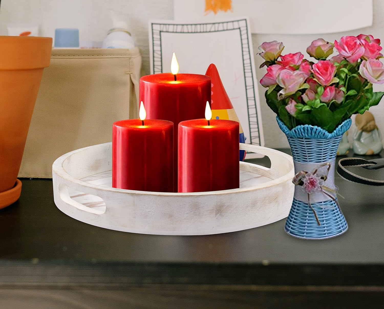 Decorative Coffee Table Tray, Set of 2 White, Wooden Round Serving Tray for Living Room, Wood Ottoman or Side Table, Charcuterie Board Cheese Platter, Fruit Baskets, White Distress, 12x12x1.5