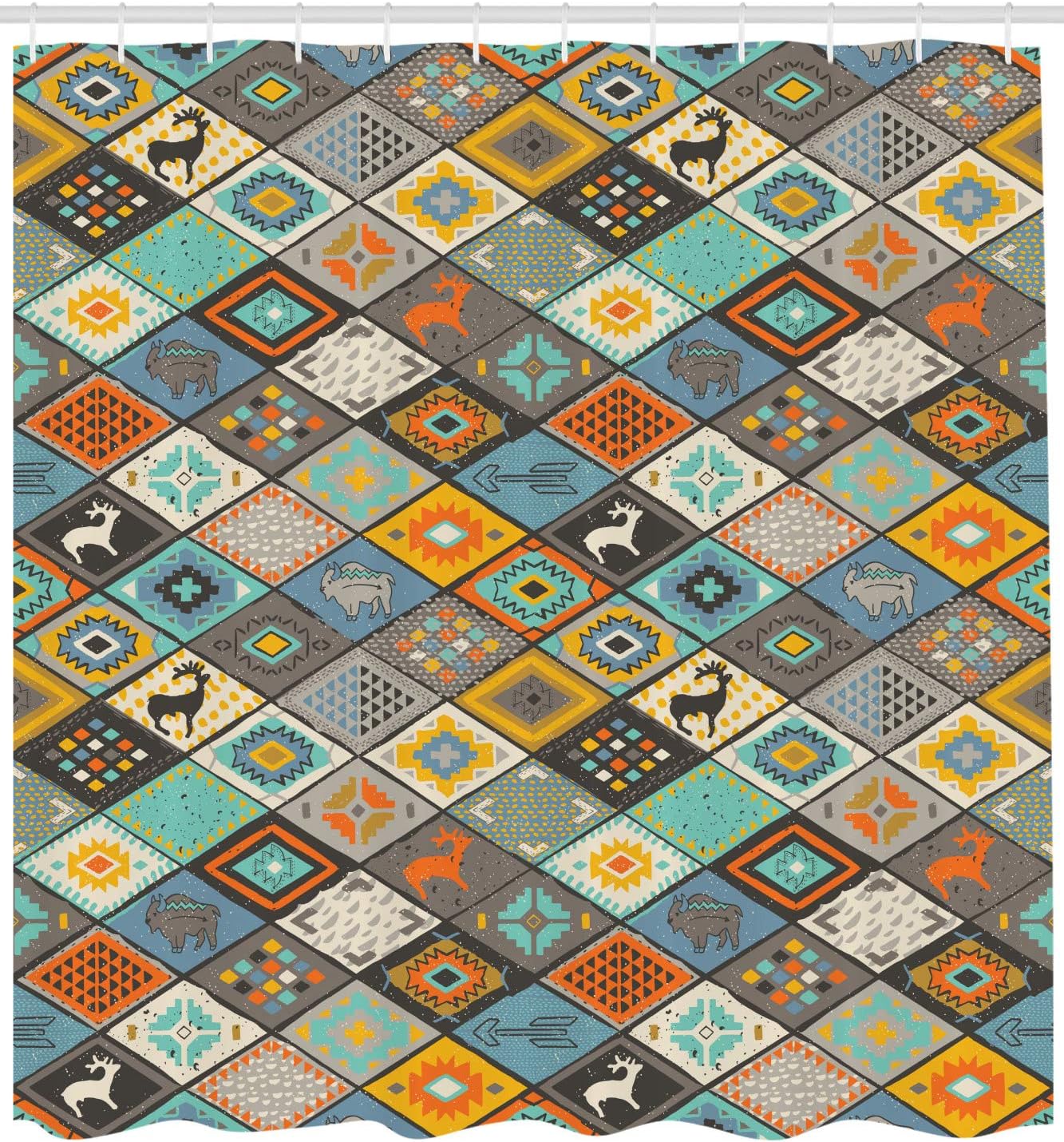 Lunarable Ethnic Shower Curtain, Southwestern Pattern Rhombus and Indigenous Motifs Boho Style, Cloth Fabric Bathroom Decor Set with Hooks, 69" W x 70" L, Multicolor