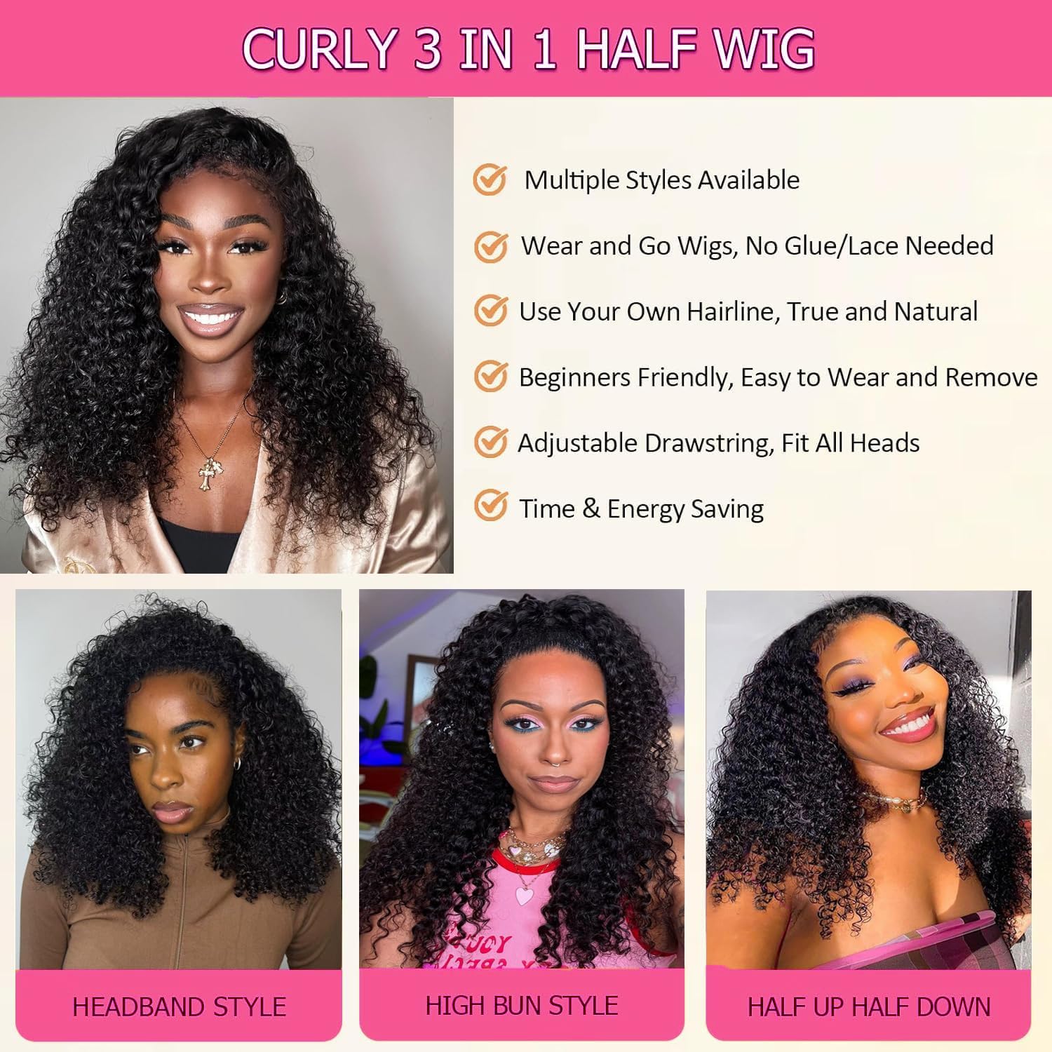 Kinky Curly Half Wig Human Hair 200 Density Glueless Wigs Upgrade 3 IN 1 Half Wig With Drawstring Seamless Clip Ins Flip Over Half Wigs Glueless Headband Wig Beginner Friendly Natural Color 18Inch