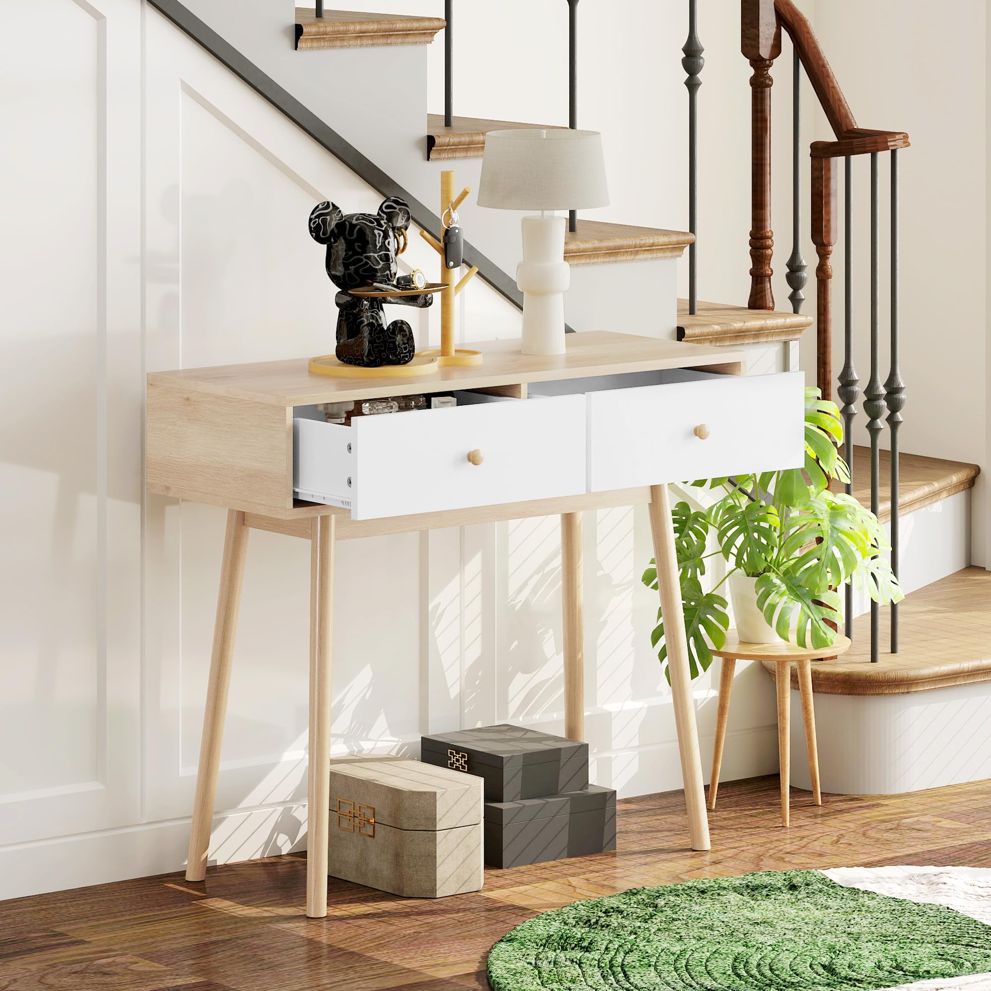 HOMCOM Mesa de Consola Estrecha Consola de Recibidor Mesa de Sofá con 2 Cajones Estilo Moderna para Pasillo Entrada Salón Dormitorio Roble