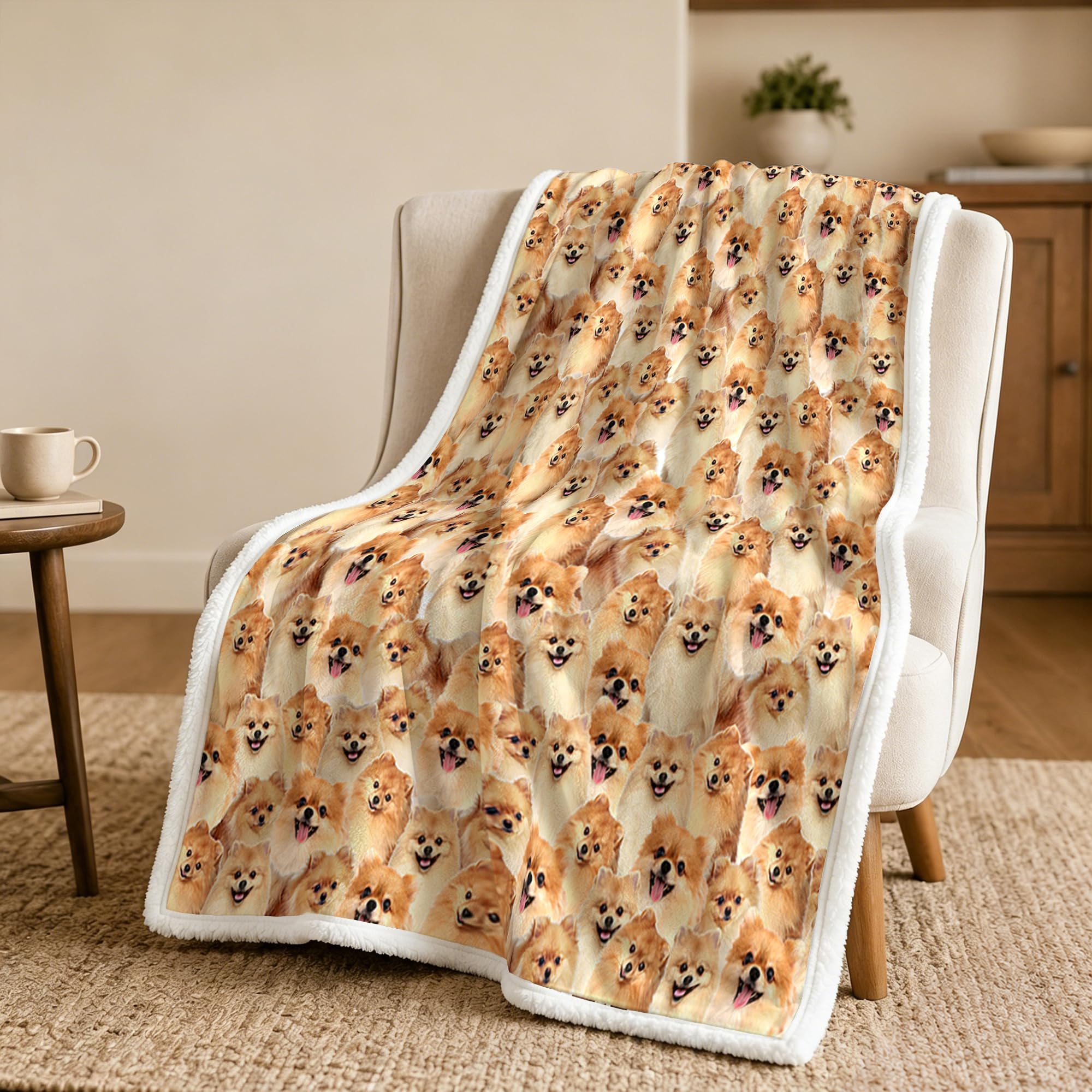 Blessliving Pomeranian Fuzzy Dogs Blanket For Kids Adults Cute Puppy Fleece Blanket Reversible Animal Pattern Sherpa Throw Travel/Single (,130X150cm)