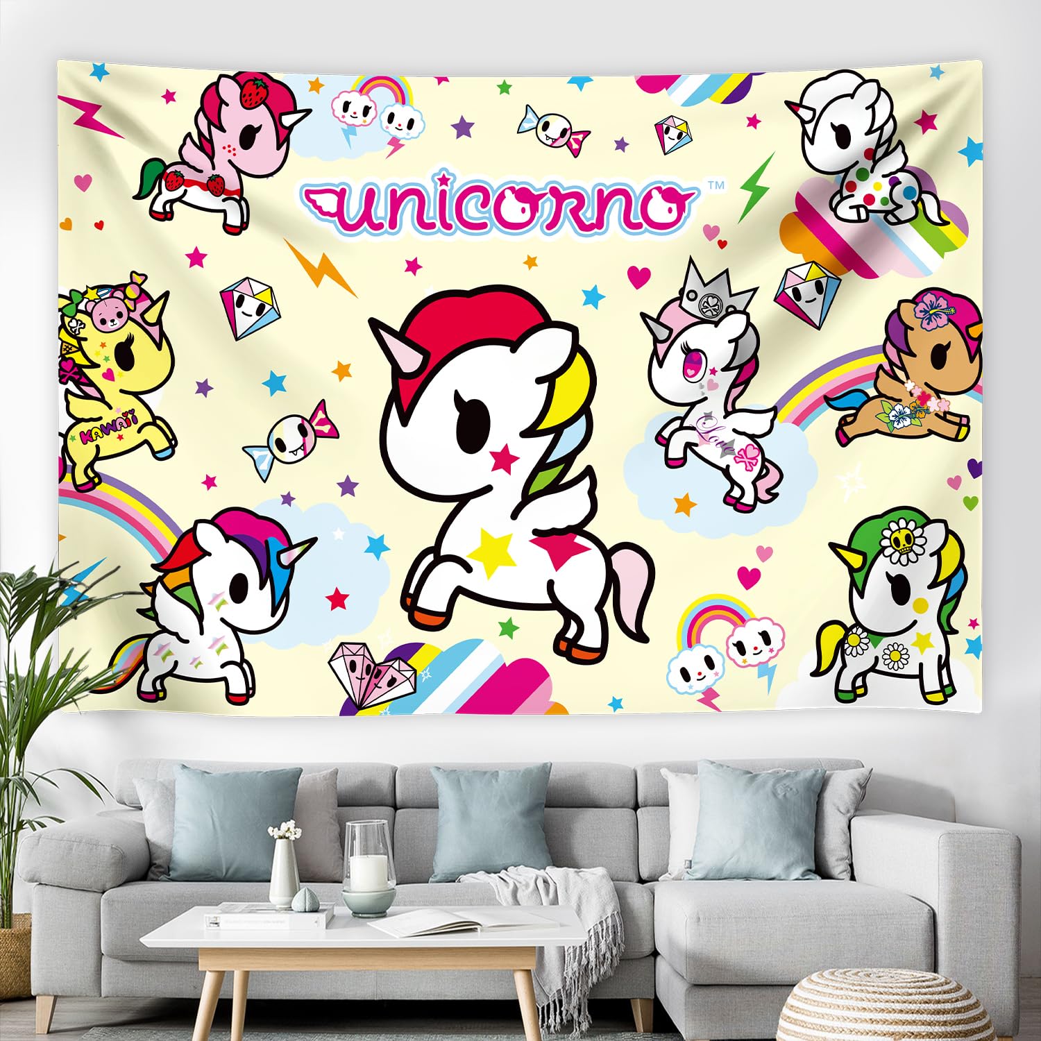 Official Tokidoki Unicorno Tapestry Wall Hanging, 3x5ft Party Photography Backdrop Decorations for Living Room Bedroom Home, Cartoon Birthday Party Supplies Banner Tablecloth Beach Throws (Rainbow)