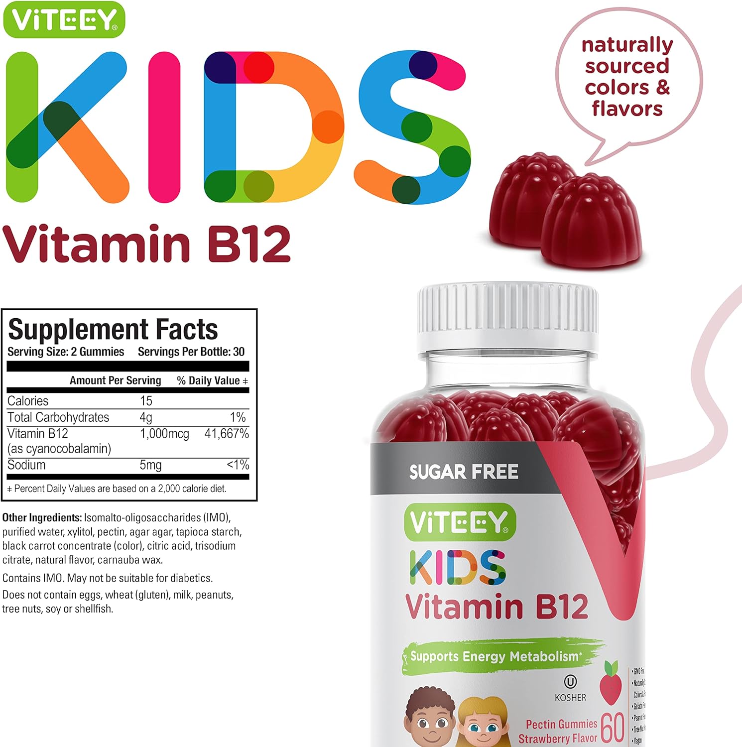 Vitamina B12 sin azúcar para niños 1000 mcg potenciador de energía y metabolismo apoyo de