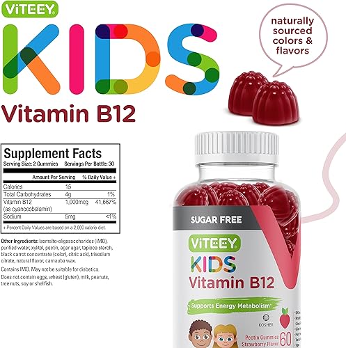 Miniatura 4 de Vitamina B12 sin azúcar para niños 1000 mcg potenciador de energía y metabolismo apoyo de energía natural para adolescentes niños y niños pequeños