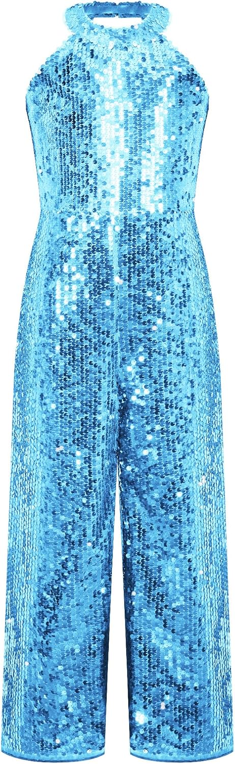 ranrann Kids Girls Sparkly Sequins Jumpsuit Halter Neck Sleeveless One Piece Romper Long Pants Party Outfits