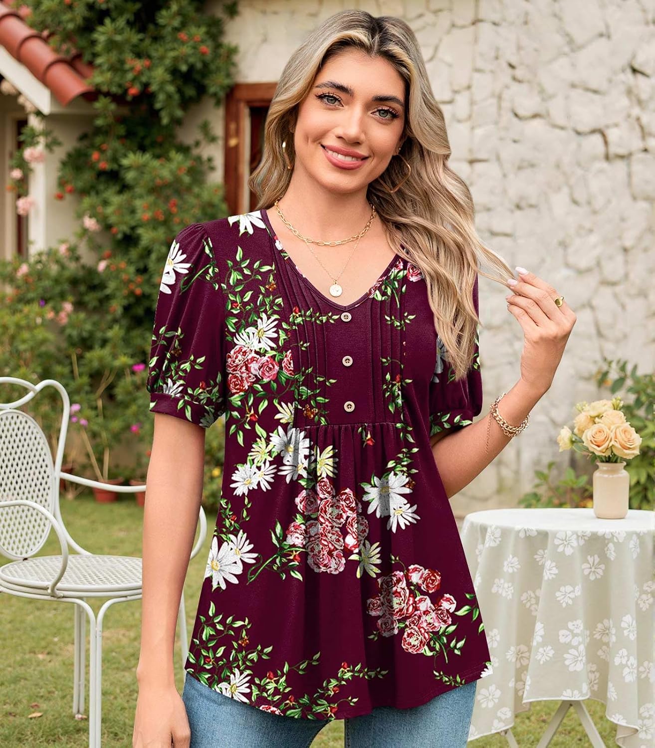 Findsweet Women's Summer Tunic Tops Casual Dressy Blouses Short Sleeve Shirts M-4XL image 2