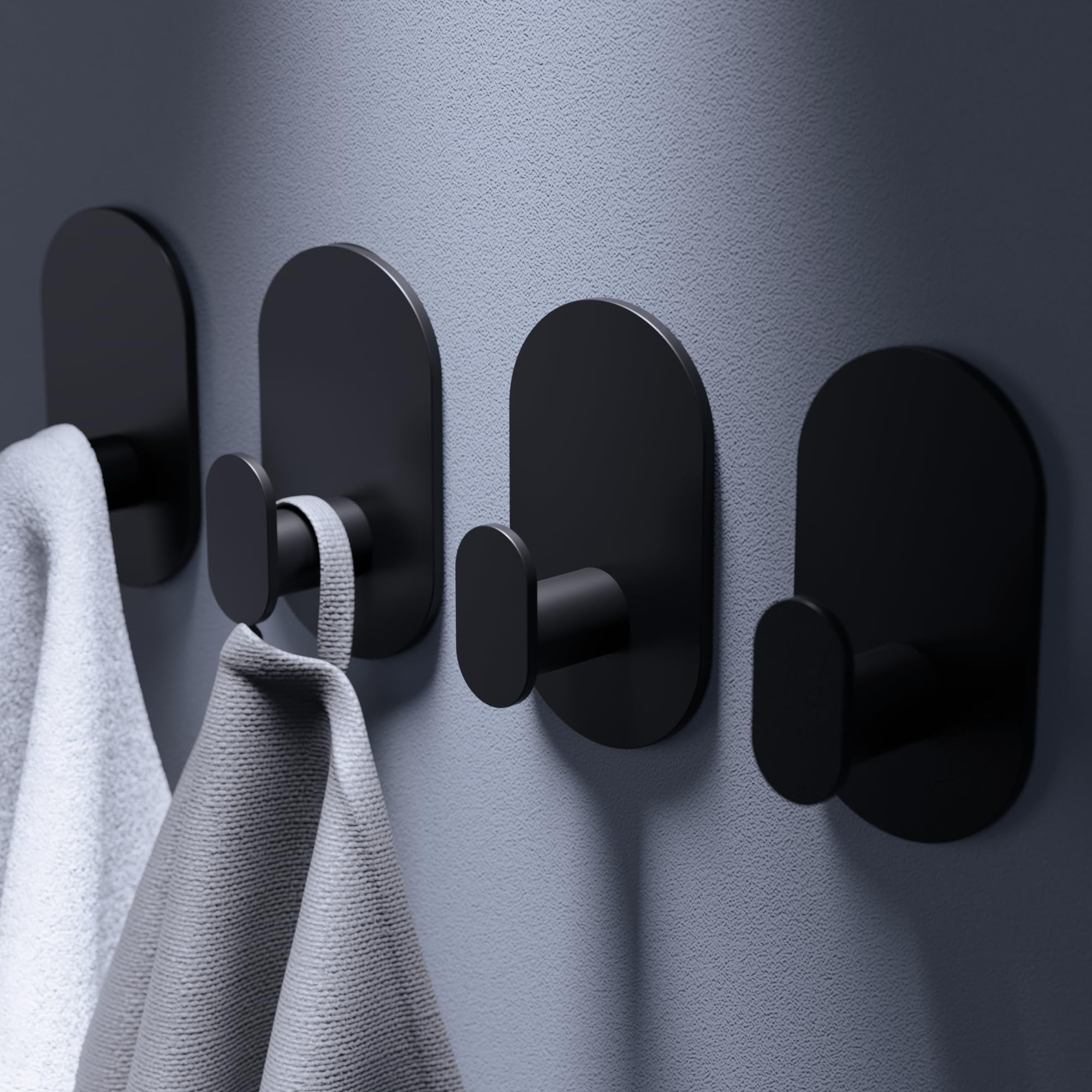 Aikzik Black Self Adhesive Hooks - 4 Pack Heavy Duty Wall Hooks no Damage, Sticky Hook for Hanging Coat/Robe/Towel, Stick on Kitchen/Bathroom/Shower (Stainless Steel)