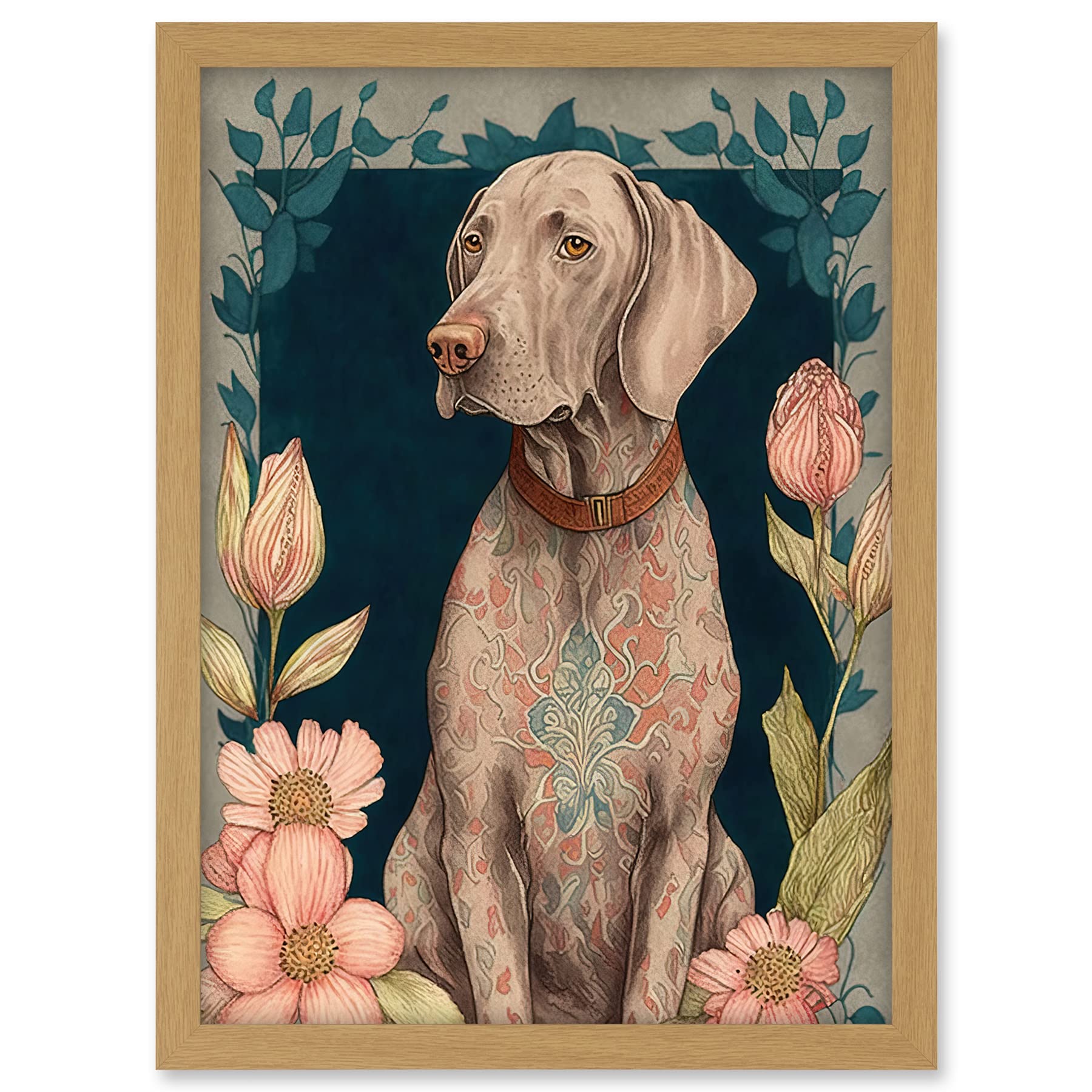 Artery8 Grey Weimaraner Dog with Ornate Pattern Fur Coat and Flowers Modern Art Nouveau Illustration Artwork Framed A3 Wall Art Print