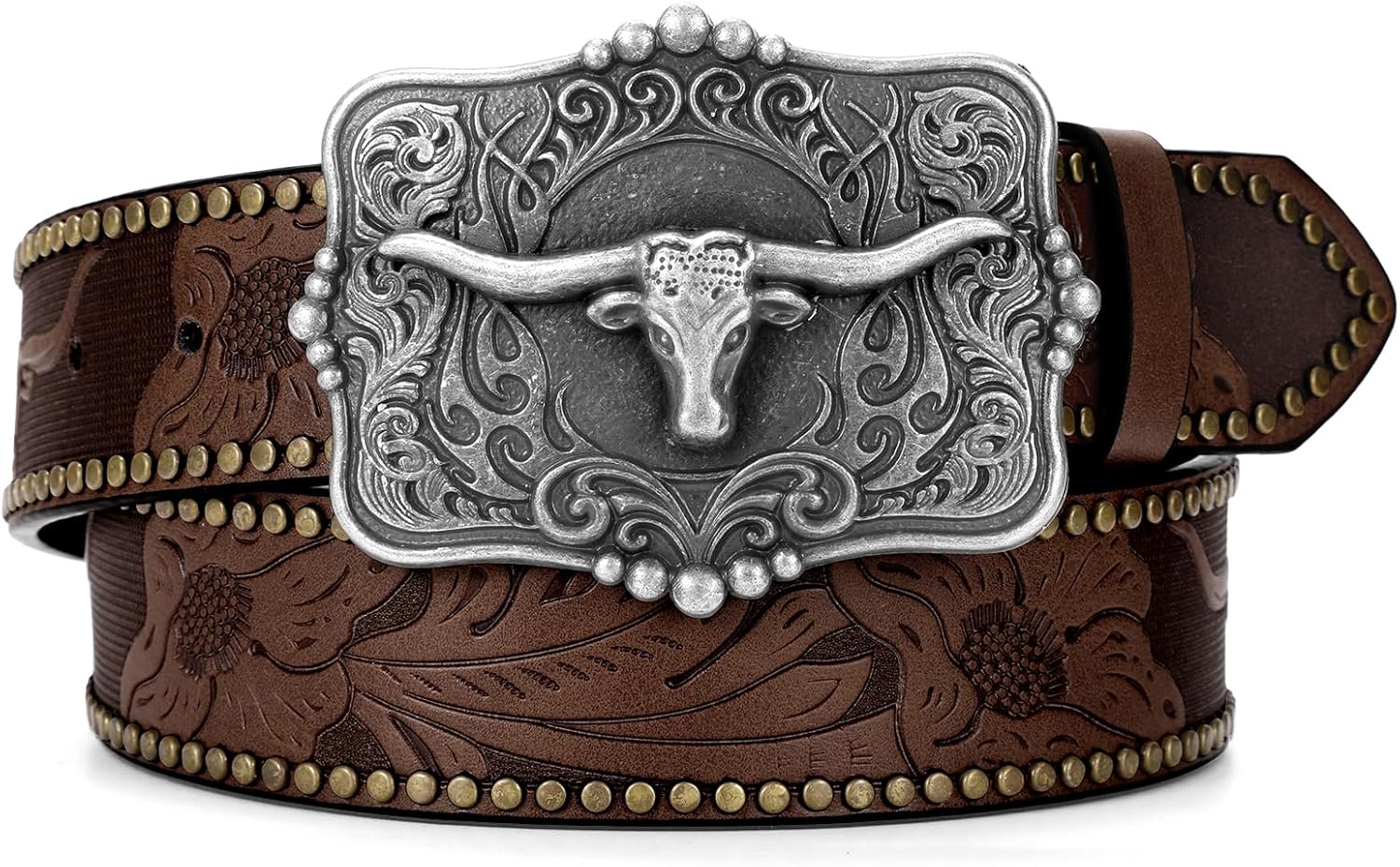 SUOSDEY Women Western Leather Belt, Cowboy Cowgirl Belt for Jeans Pants Longhorn Bull Big Buckle Belt