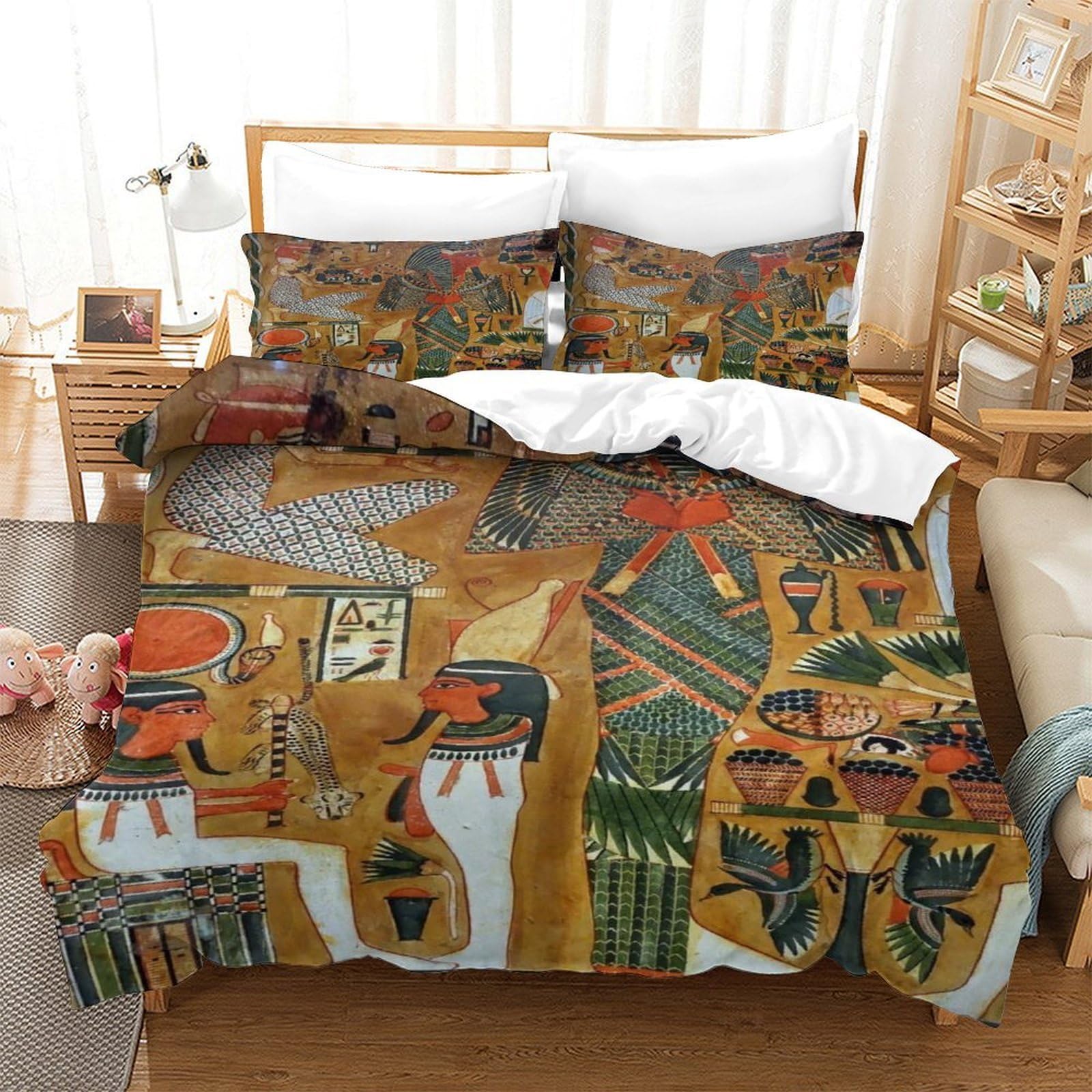 LILIlaobiao Egyptian Mural Bedding Set with Hidden Zipper, Egyptian Deities Duvet Cover Set with Pillowcases, Soft Microfiber Luxury Quilt Cover Set King（220x240cm）
