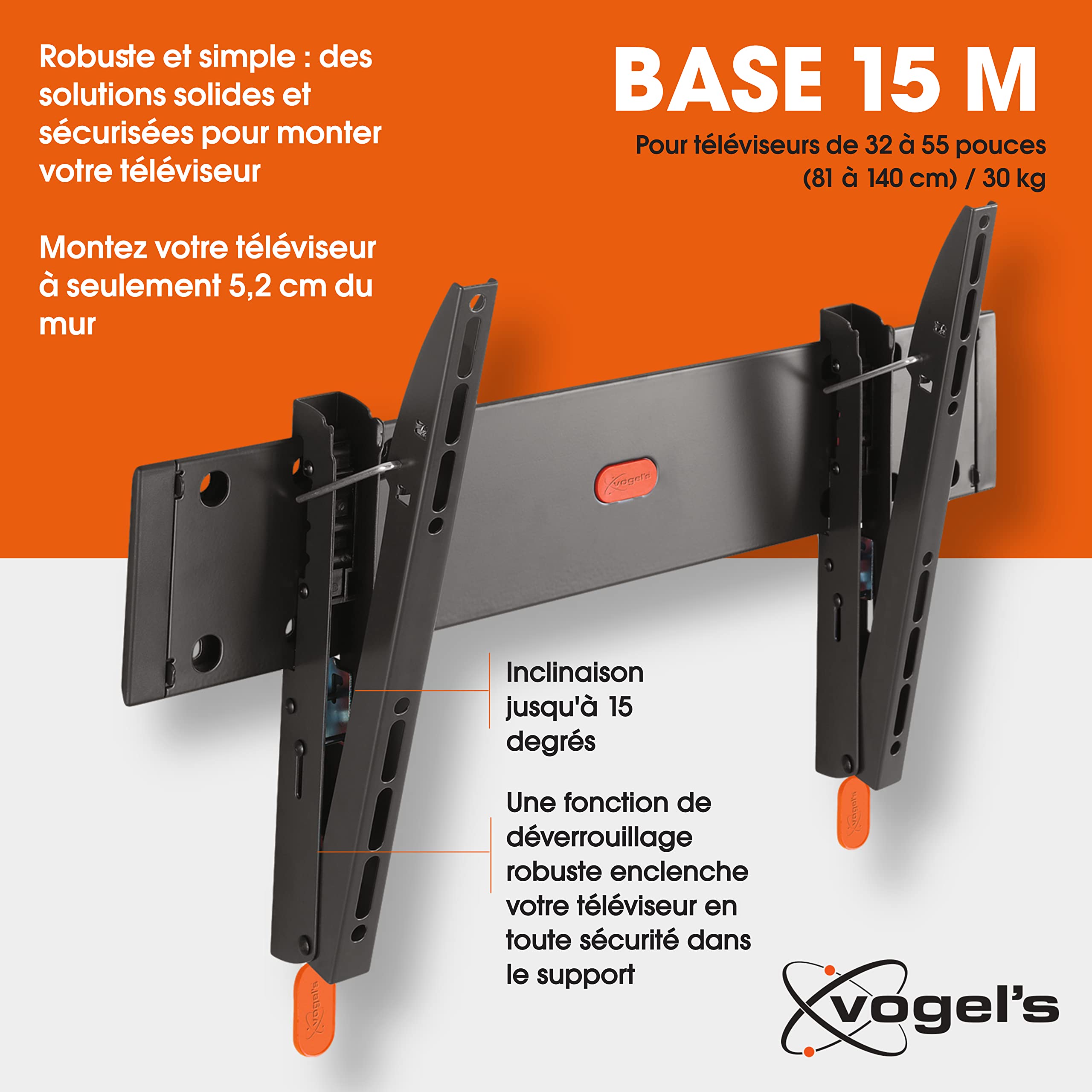 Vogel's Base 15 M Support Mural TV inclinable pour écrans 32-55 Pouces (81-140 cm) | Inclinable jusqu'à 15º | Poids Max. 30 kg et jusqu'à VESA 400x400