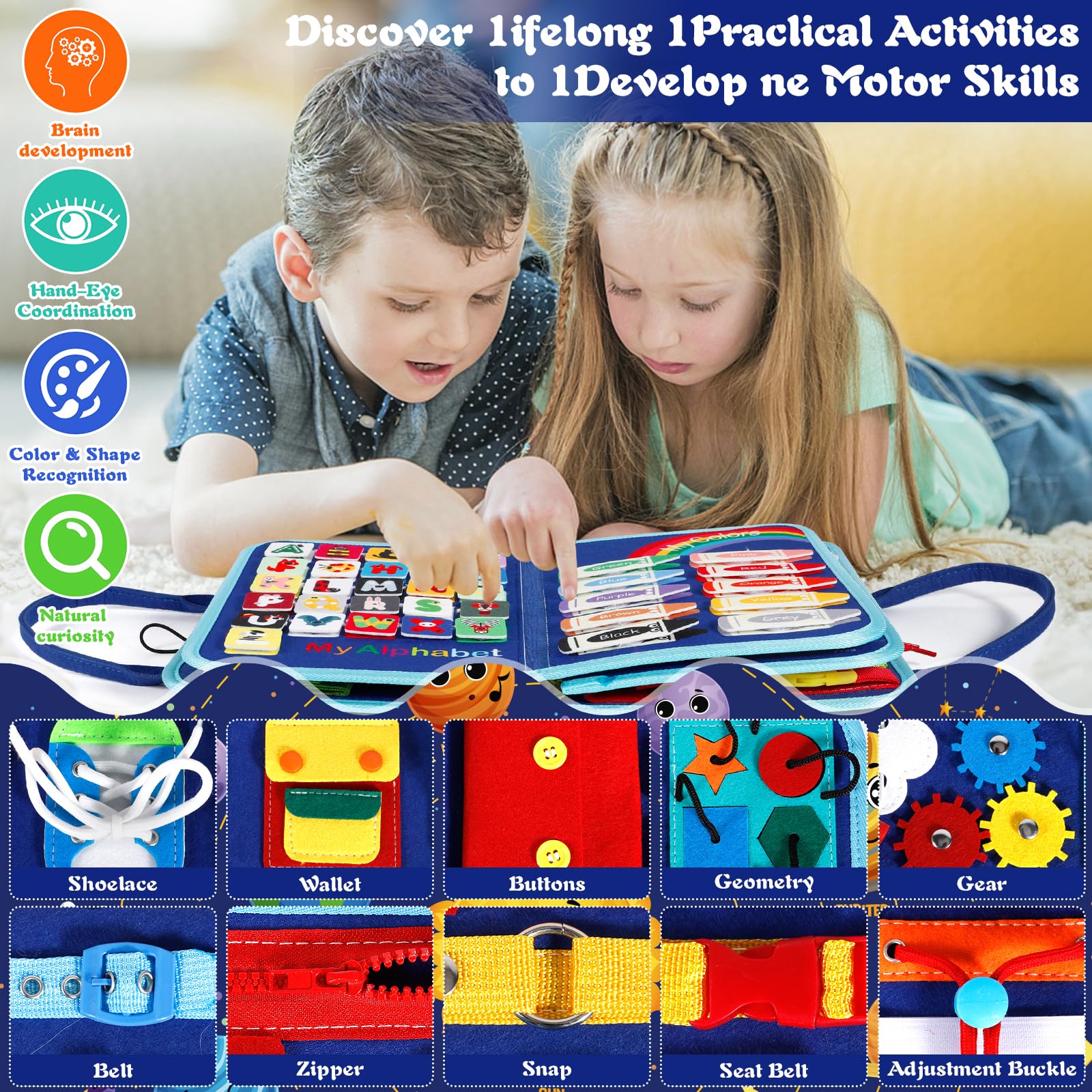 Busy Board para Niños,Juguete Educativo Montessori 9en1,Tablero Sensorial de 5 Capas en Fieltro Suave,Aprendizaje de Habilidades de Vida y Motricidad Fina,Juguete Portátil para Viajes,Regalo 1-5 Años