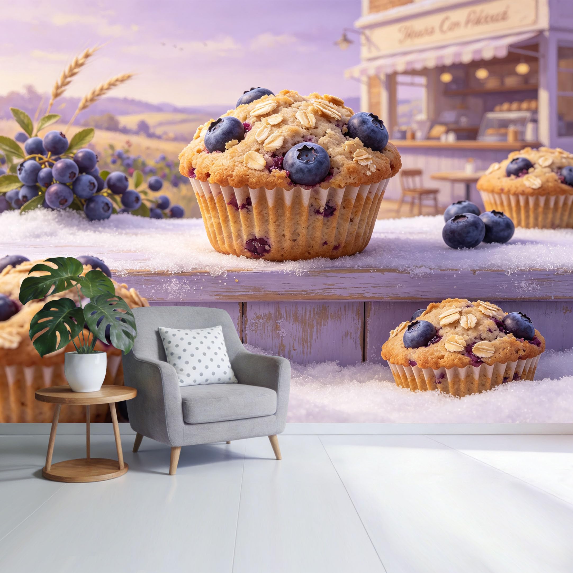 Custom Size Wall Mural Blueberry Muffin Bakery Landscape Morning Light Pastel Artistic Food Scene SelfAdhesive Wall Fabric Removable Wallpaper for Home Office Decor