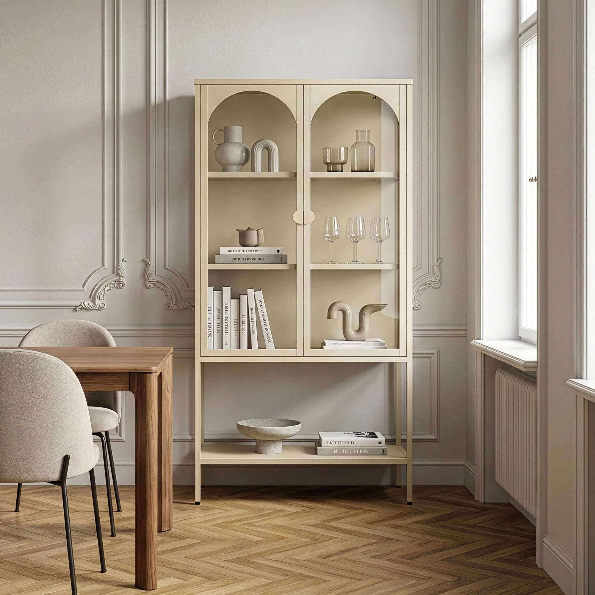 [en.casa] Vitrina Klippestad Aparador Alto 1 con Estante Inferior 2 Puertas de Cristal Transparente 3 Compartimentos Cerrados Mueble Auxiliar para Cocina Comedor Oficina Acero 160 x 80 x 35 cm - Camel