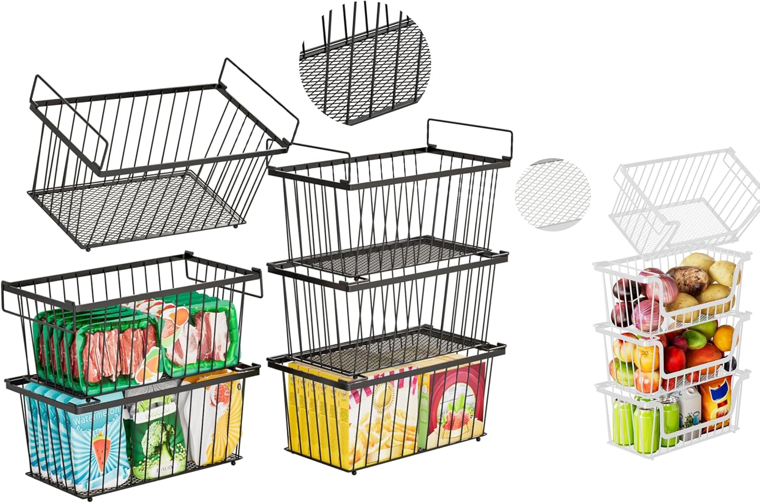 6 Pack Stackable Deep Freezer Organizer Bins ，Upgraded Bottom Leak-Proof net，Encryption and Hardening and 4PCS-U-Shaped Stackable Wire Baskets, Suitable for Storage Shelves