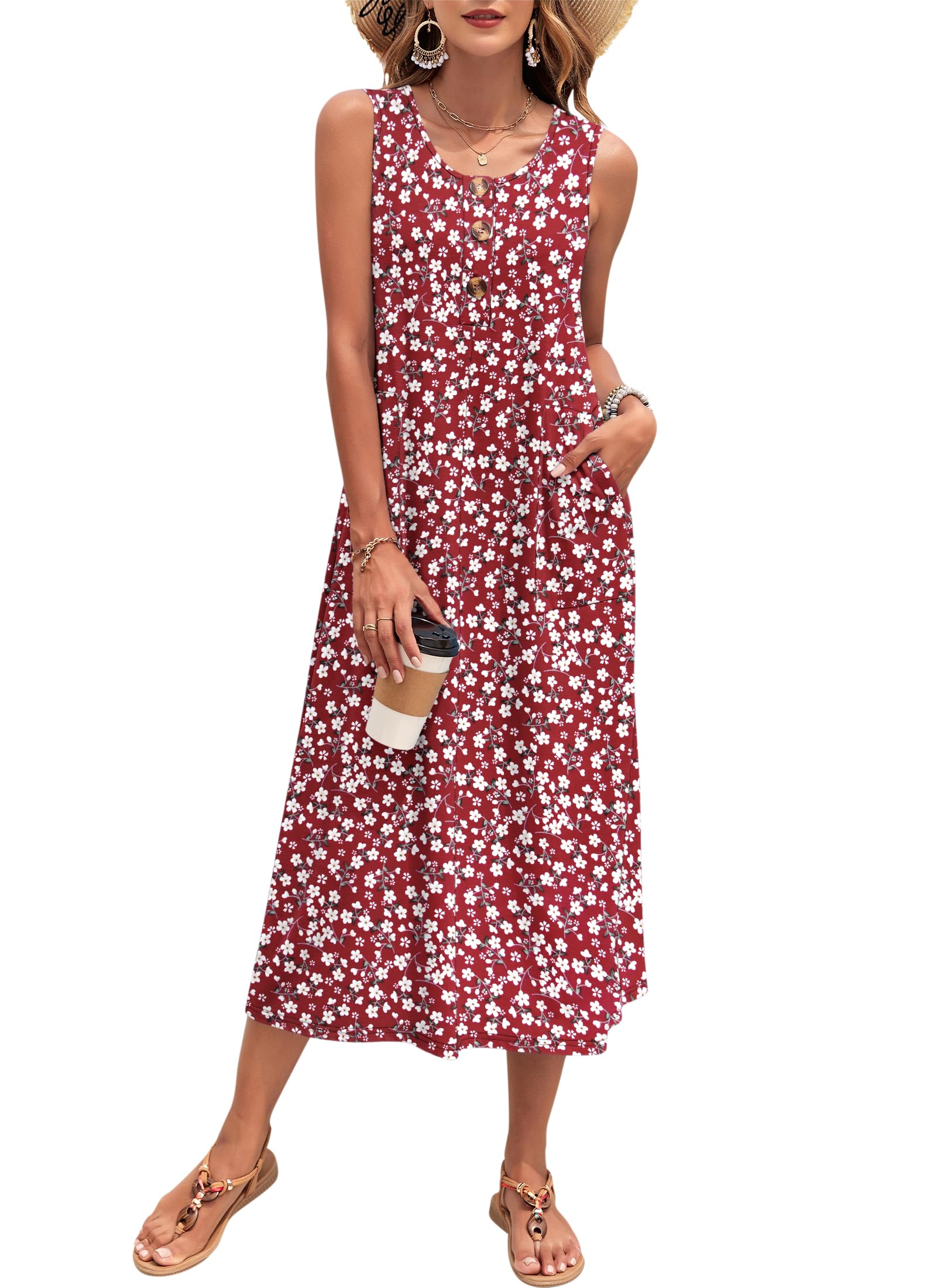 PLOKNRD Damen Sommer Maxi Kleid Ärmellos Strandkleid Lässiges Lange Button-Down Tank Kleid mit Taschen