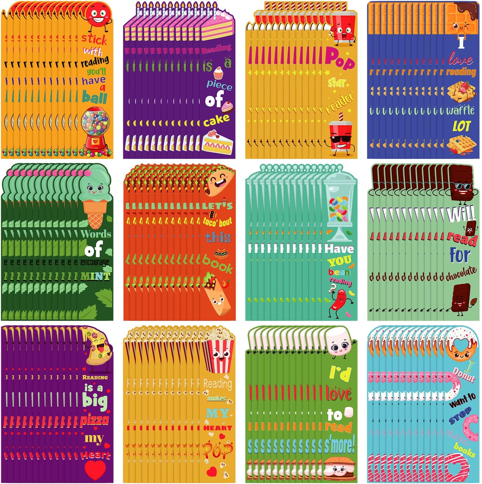 Scented Bookmarks Fruit Scratch and Sniff Bookmarks Fun Book Marks Classroom Bookmarks Colorful Chocolate Popcorn Donut Dessert Bookmarks for Kids Teenagers School Office Home, 12 Styles (144 Pieces)