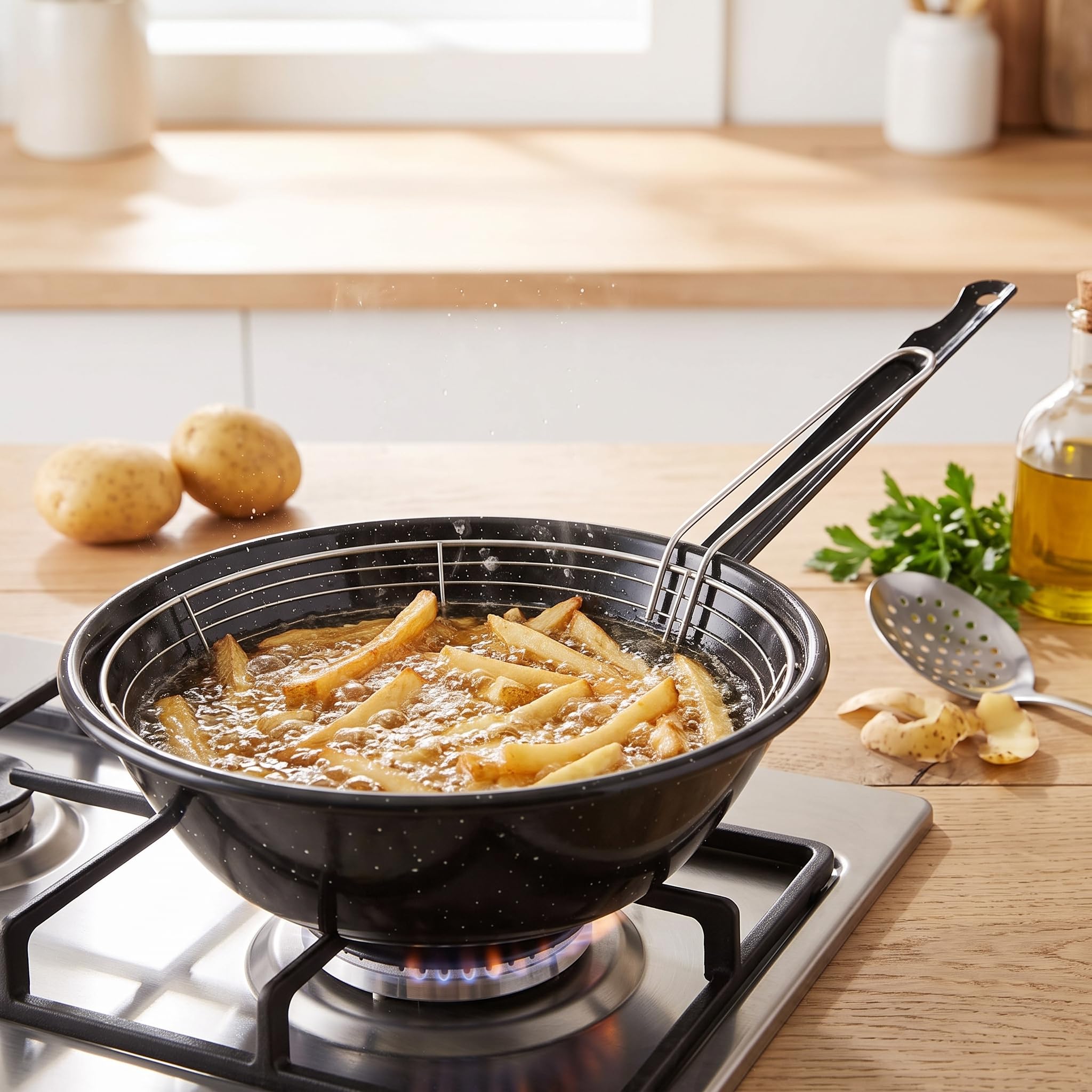 Space Home - Padella Friggitrice con Cestello - Acciaio Vetrificato Antiaderente - 24 cm - Nero