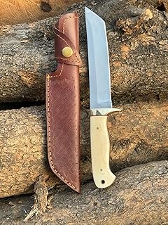 Handmade Hunting Fixed Blade Tanto knife with Leather sheath Outdoor Carbon steel knife for Skinning Camping Adventure - HANDCRAFT GOODS