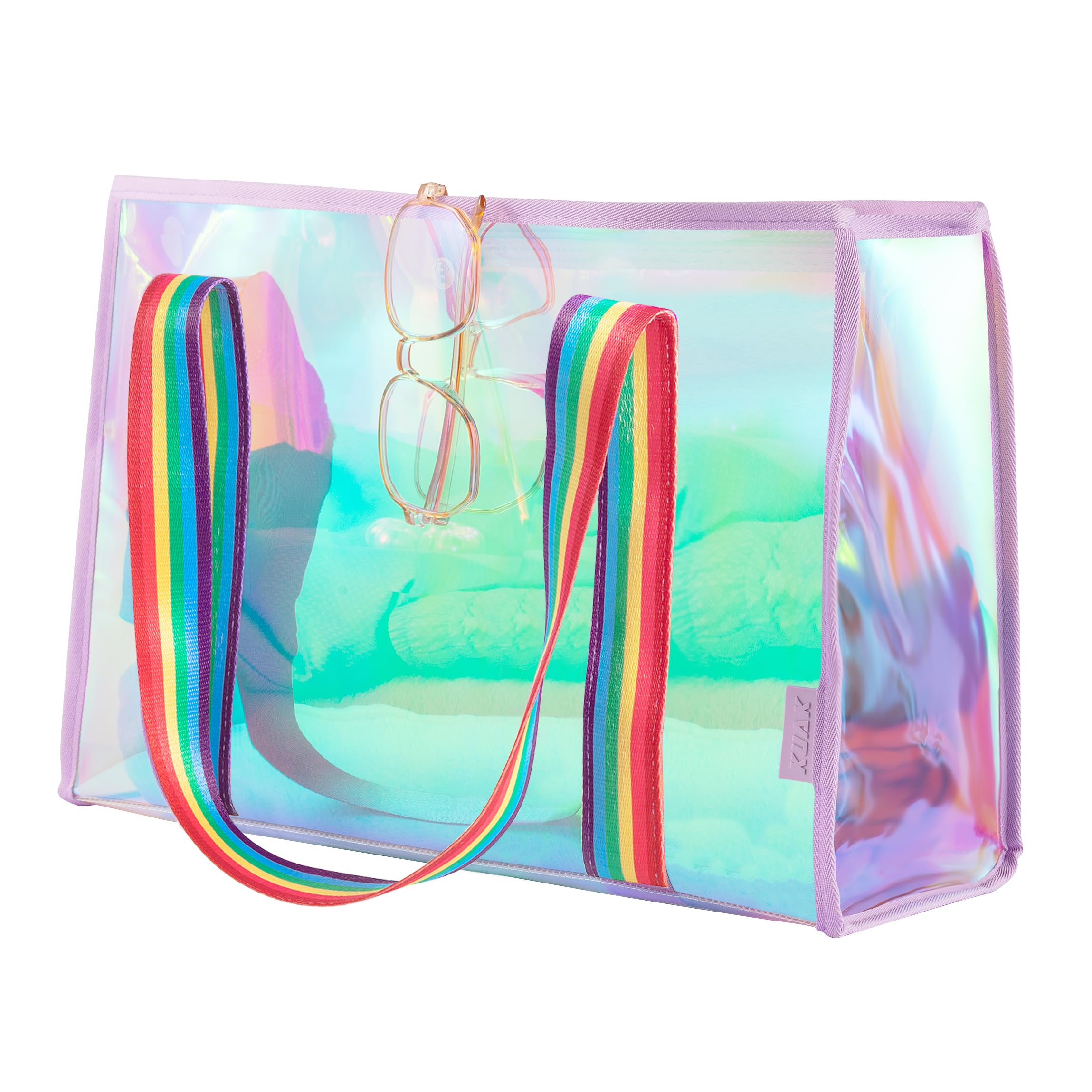 KUAK Iridescent Clear Beach Tote Bag for Women Girls Large Waterproof with Inner Zipper Pocket for Swim Pool Travel Vacation